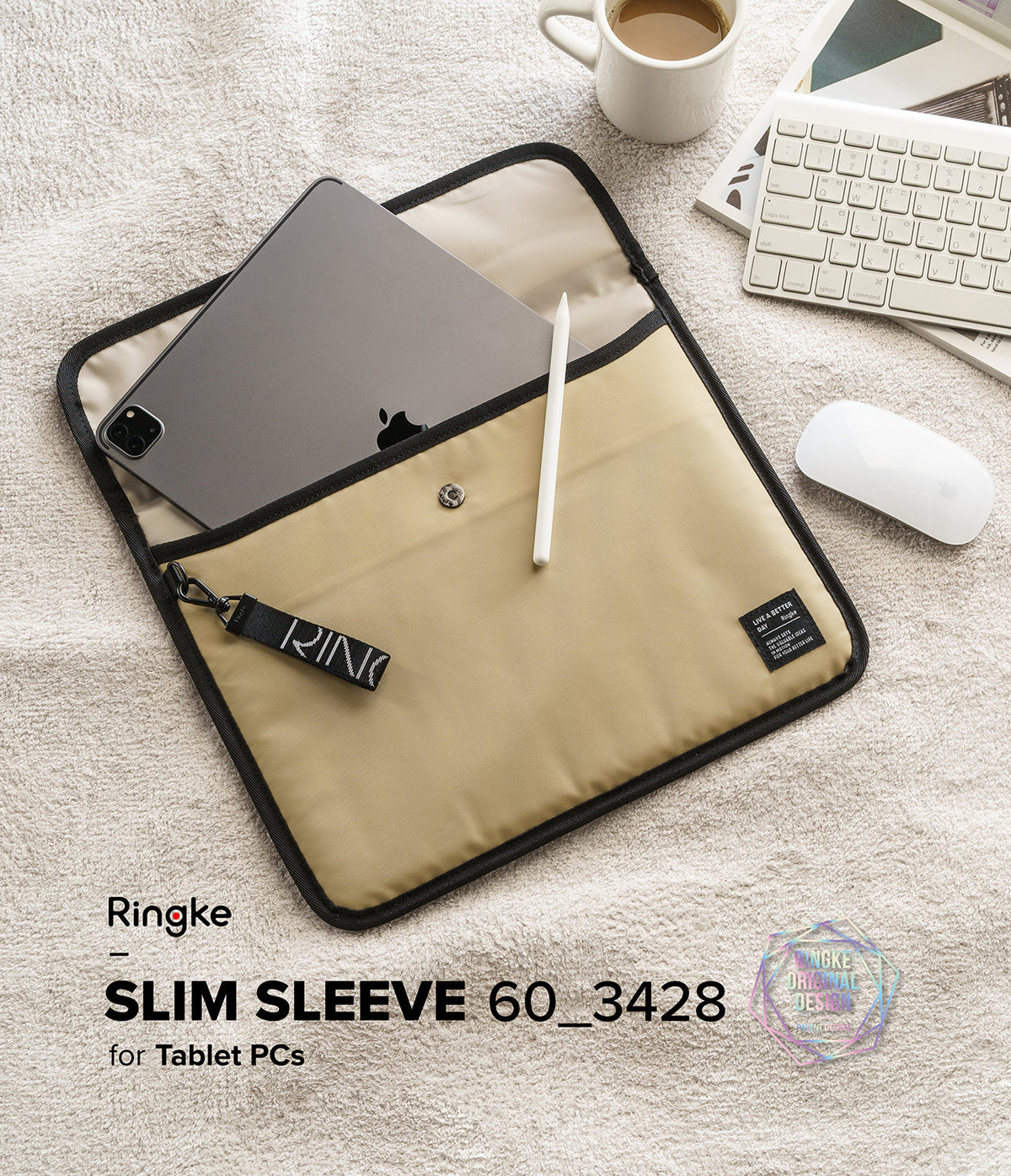 Pad Pouch | Slim Sleeve - Beige tablet sleeve with a tablet, stylus, and Ringke branded strap on a textured surface.