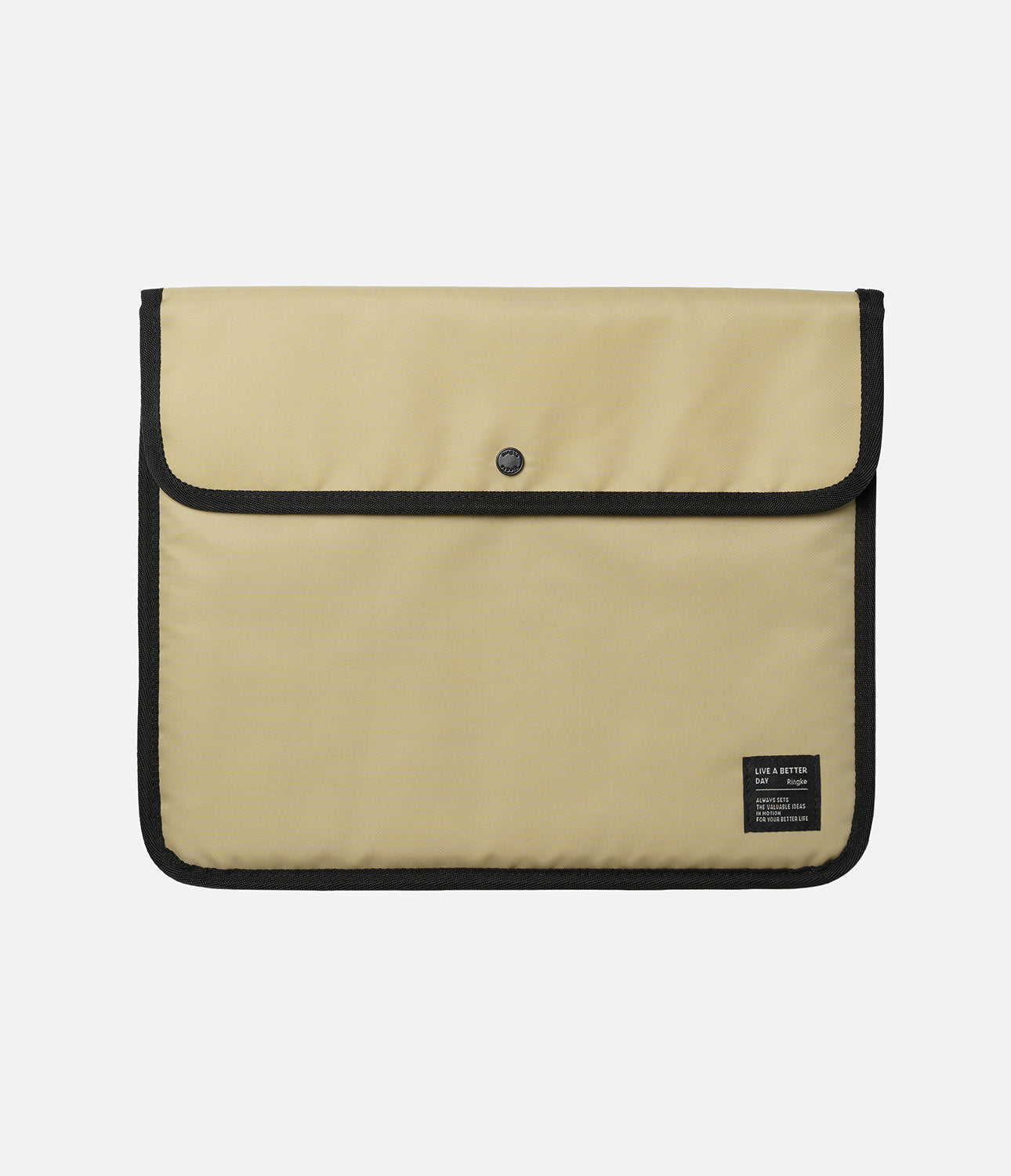 Pad Pouch | Slim Sleeve - Tan rectangular tablet sleeve with black trim, a snap button closure, and a small branded label.