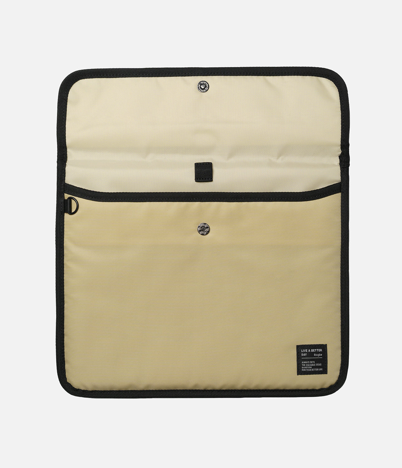 Pad Pouch | Slim Sleeve - Open beige tablet sleeve with black trim, metal snap buttons, and a small branded fabric label.