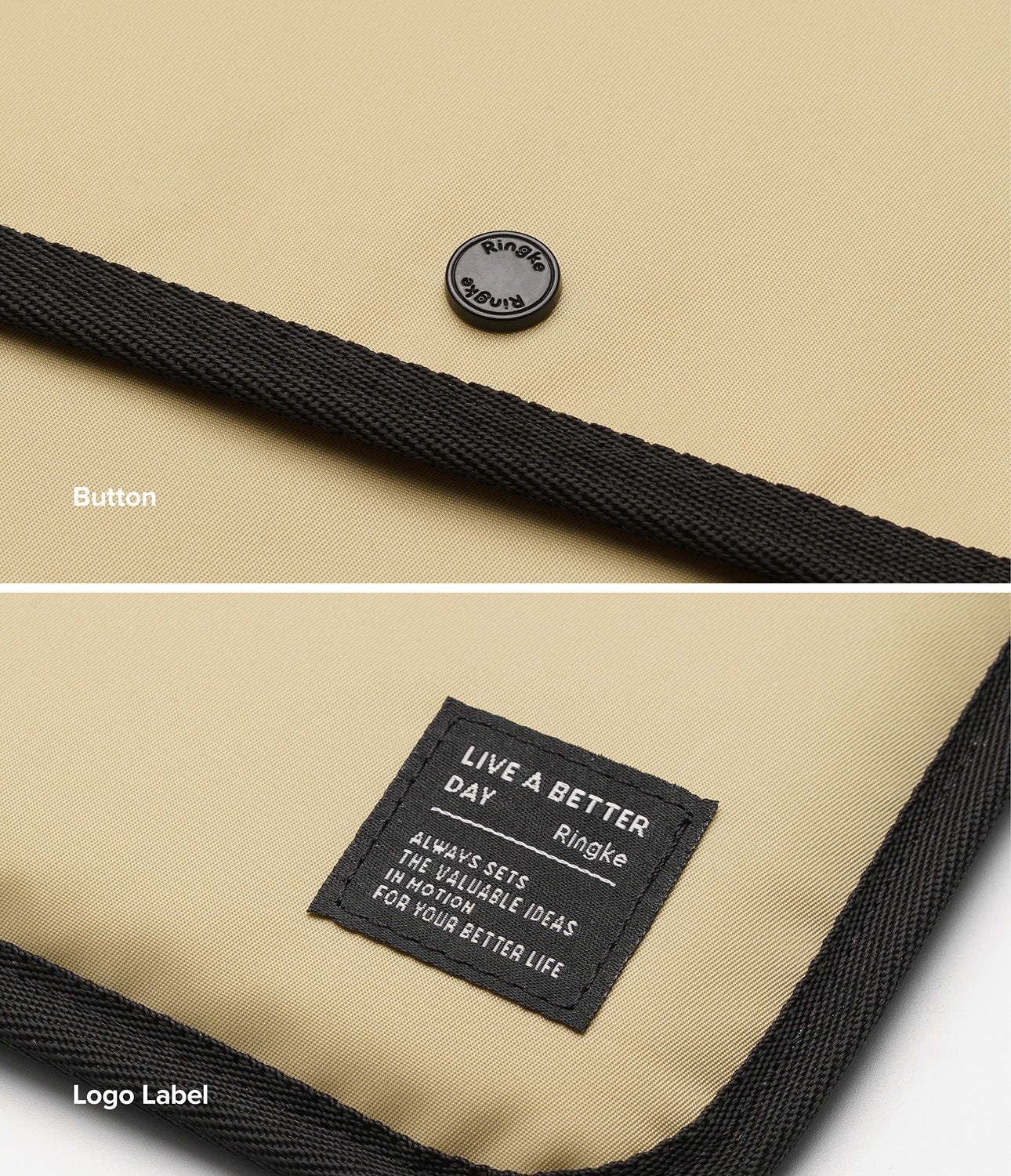 Pad Pouch | Slim Sleeve - Close-up of a beige sleeve featuring a black Ringke button and a square fabric label with text.