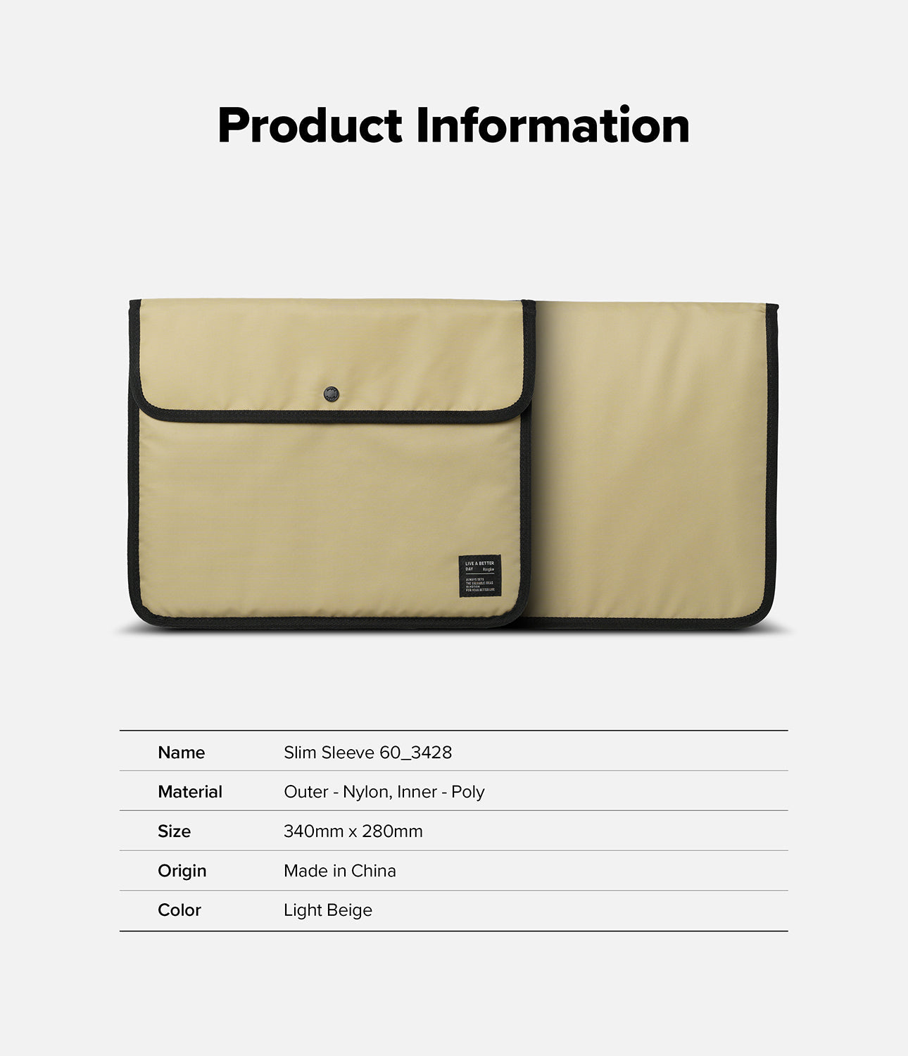Pad Pouch | Slim Sleeve - Light beige slim sleeve with black trim and snap button, shown with a product information table.