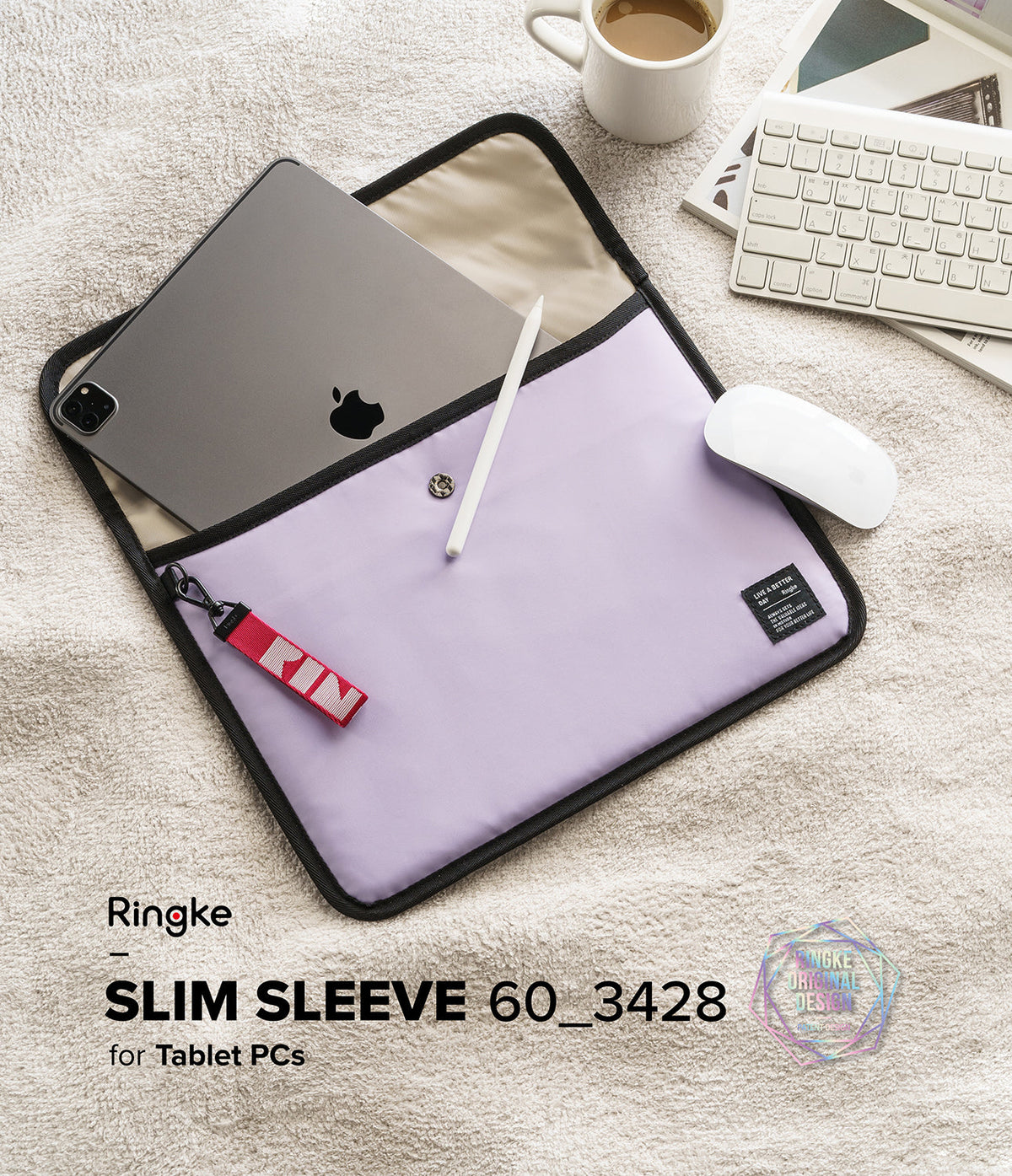 Pad Pouch | Slim Sleeve - Lavender tablet sleeve with a tablet, stylus, and red keychain tag on a textured white surface.