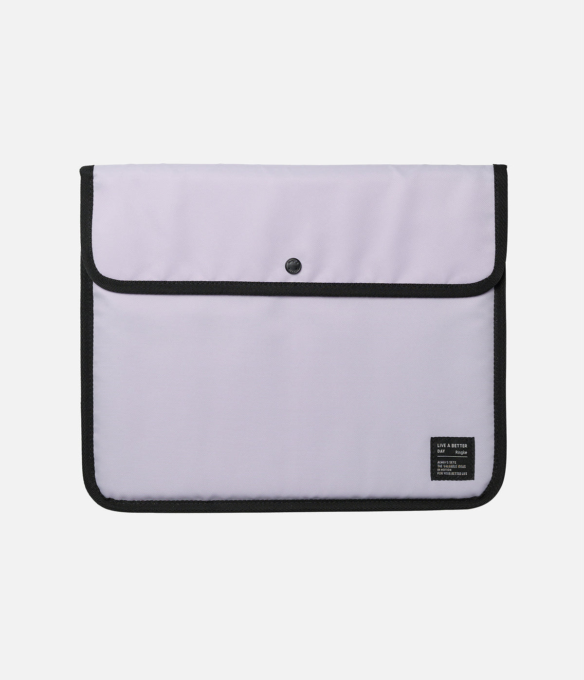 Pad Pouch | Slim Sleeve - Light purple rectangular tablet sleeve with black trim, a snap button closure, and a small brand label.