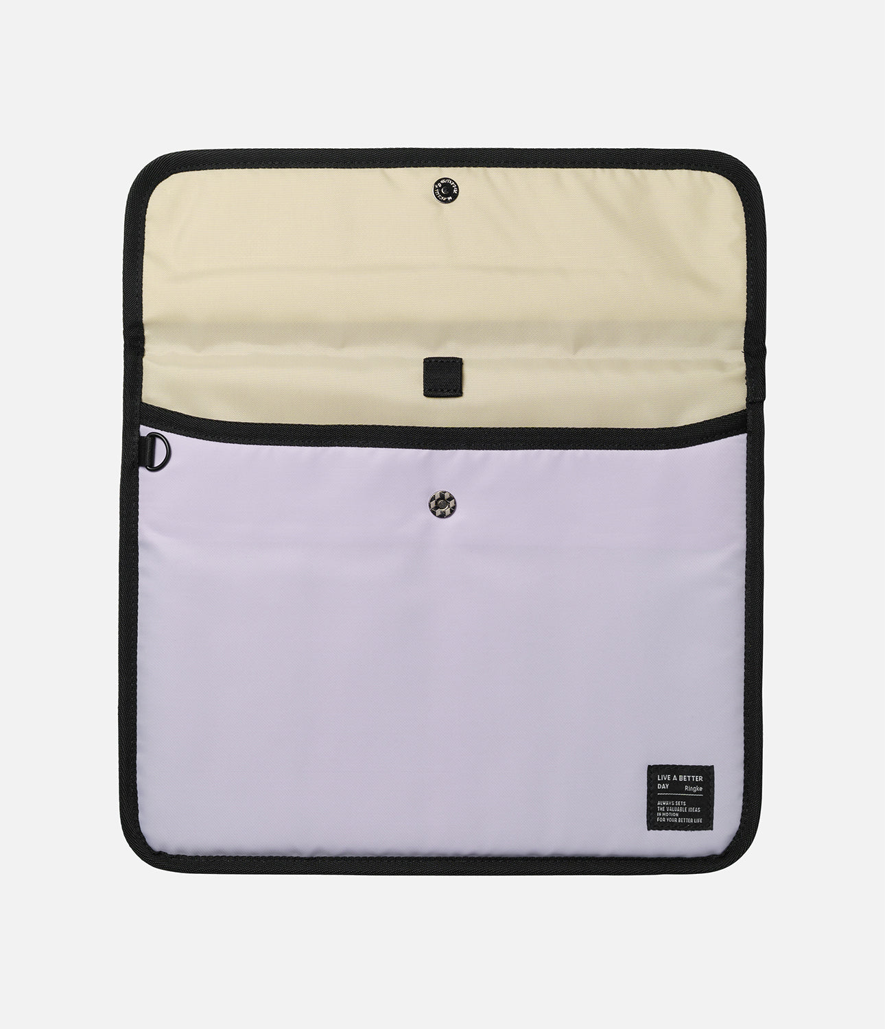 Pad Pouch | Slim Sleeve - Open lavender tablet sleeve with cream interior, black trim, snap button, and branded fabric tag.