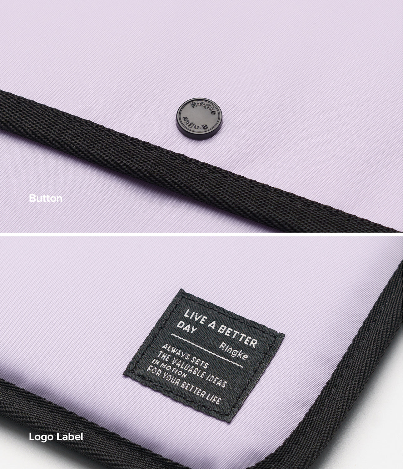 Pad Pouch | Slim Sleeve - Close-up of a lavender sleeve showing a black snap button and a rectangular logo patch.