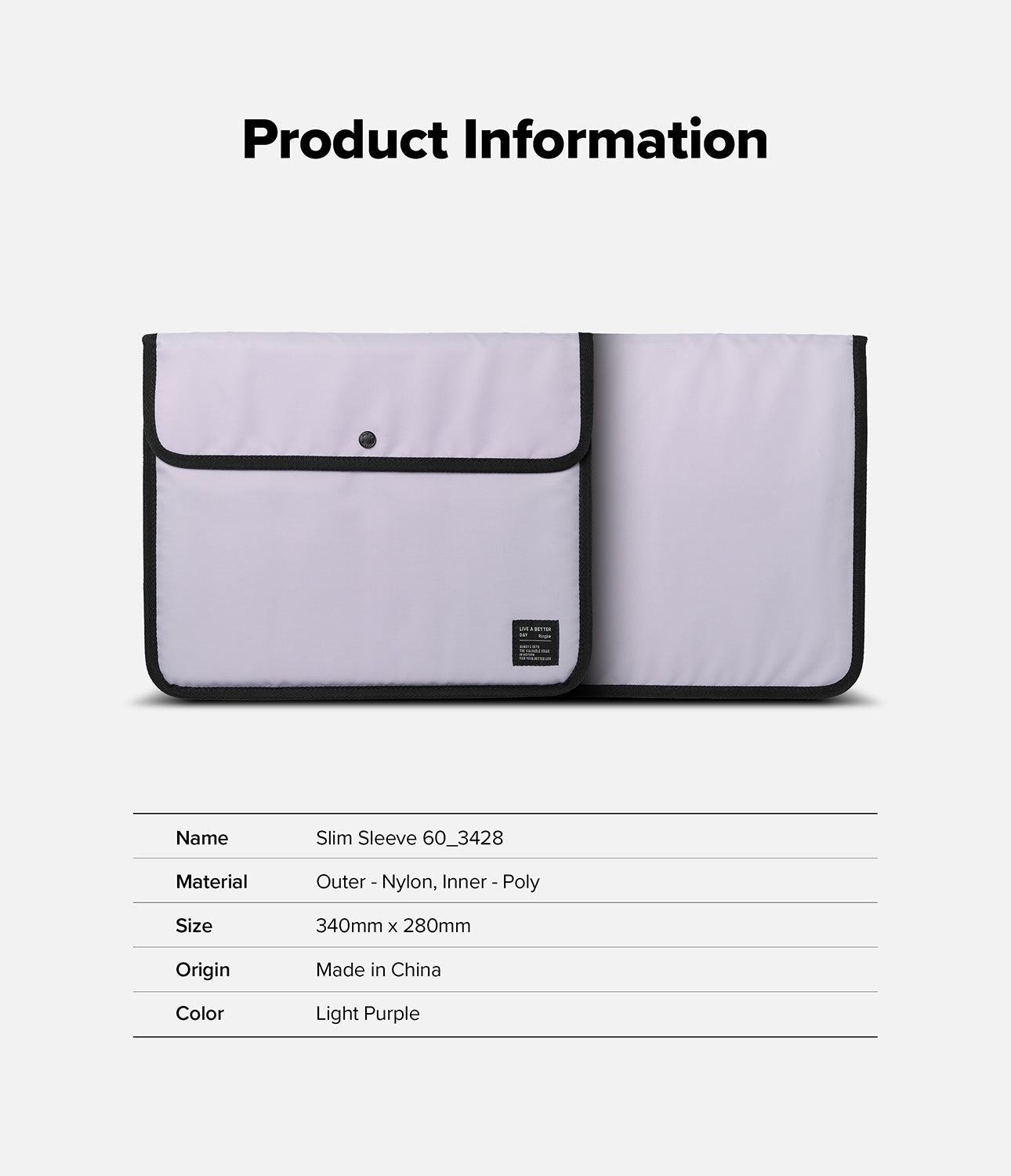 Pad Pouch | Slim Sleeve - Light purple slim sleeve with black trim and snap closure, displayed with a product information table.