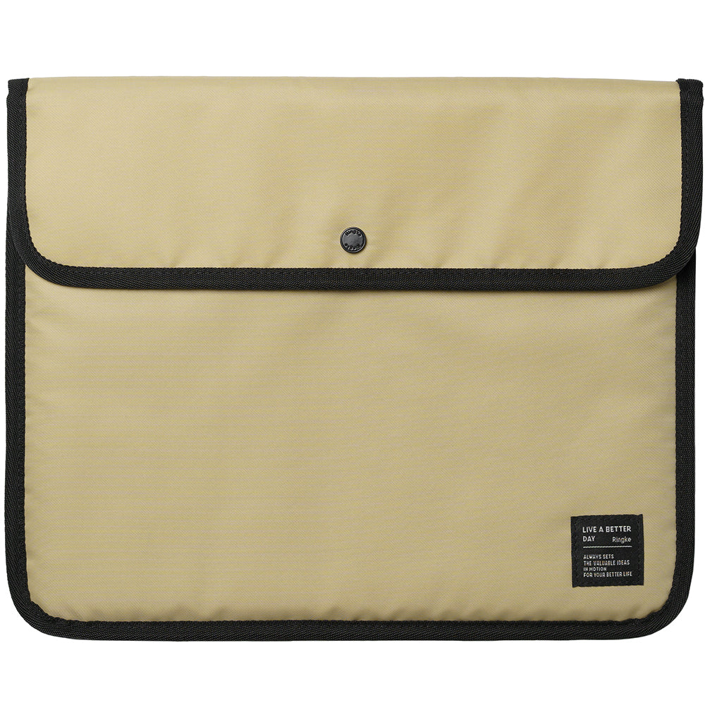 Pad Pouch | Slim Sleeve - Tan tablet sleeve with black trim, a central snap button, and a small branded label in the corner.