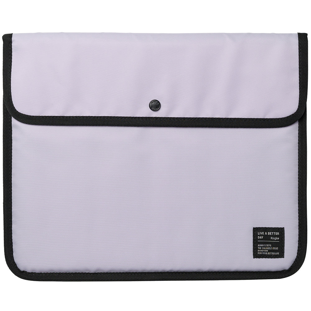 Pad Pouch | Slim Sleeve - Light purple tablet sleeve with black trim, a snap button closure, and a small branded label.