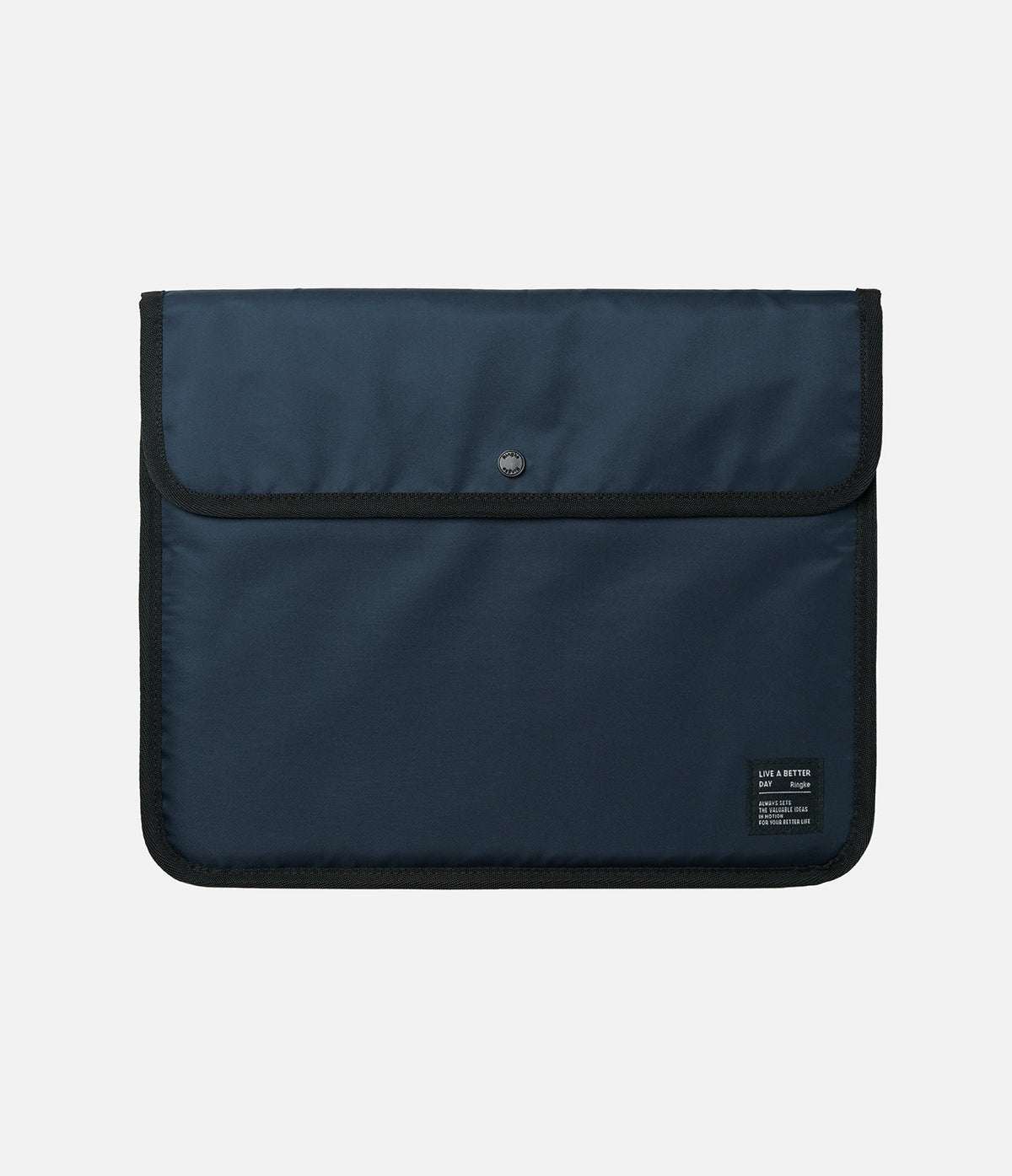 Pad Pouch | Slim Sleeve - Navy blue rectangular tablet sleeve with black trim, a snap button closure, and a small brand label.