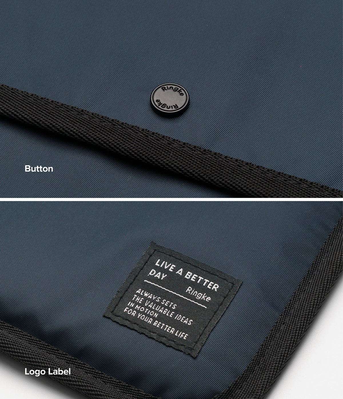 Pad Pouch | Slim Sleeve - Navy blue fabric sleeve featuring a branded snap button and a rectangular logo patch.