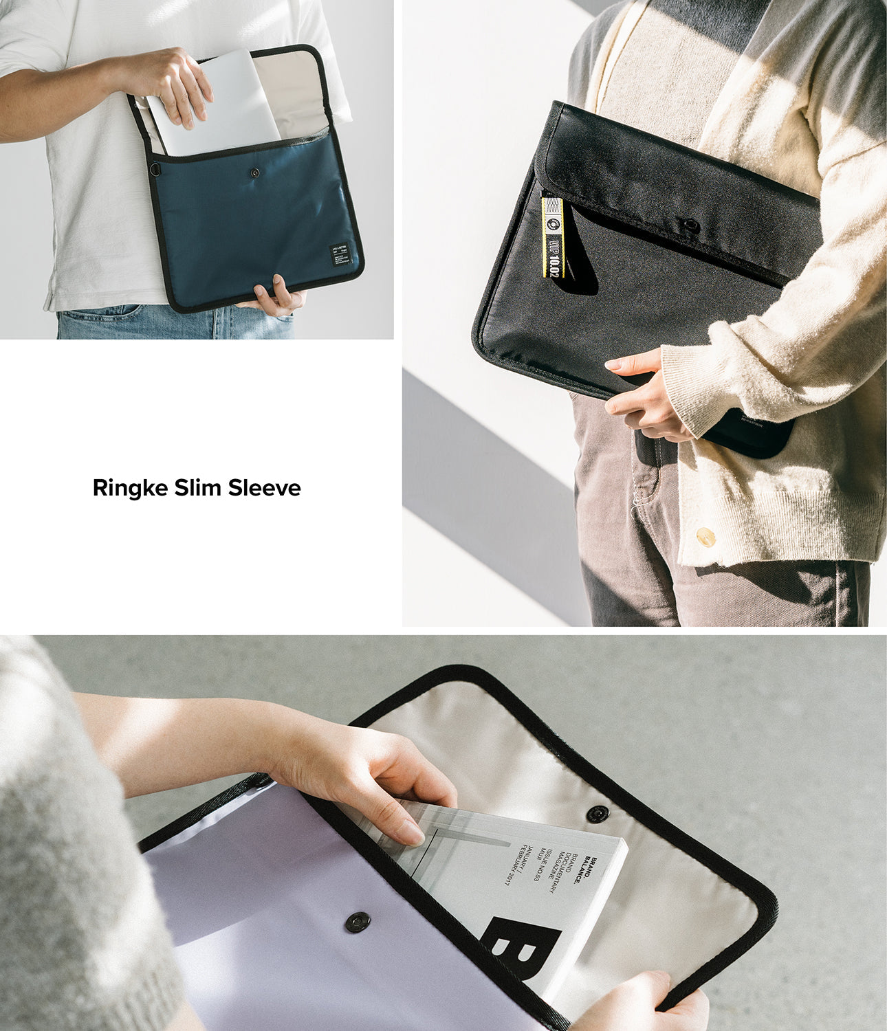 Pad Pouch | Slim Sleeve - Three views of a slim, snap-button laptop sleeve in blue and black being held by a person.