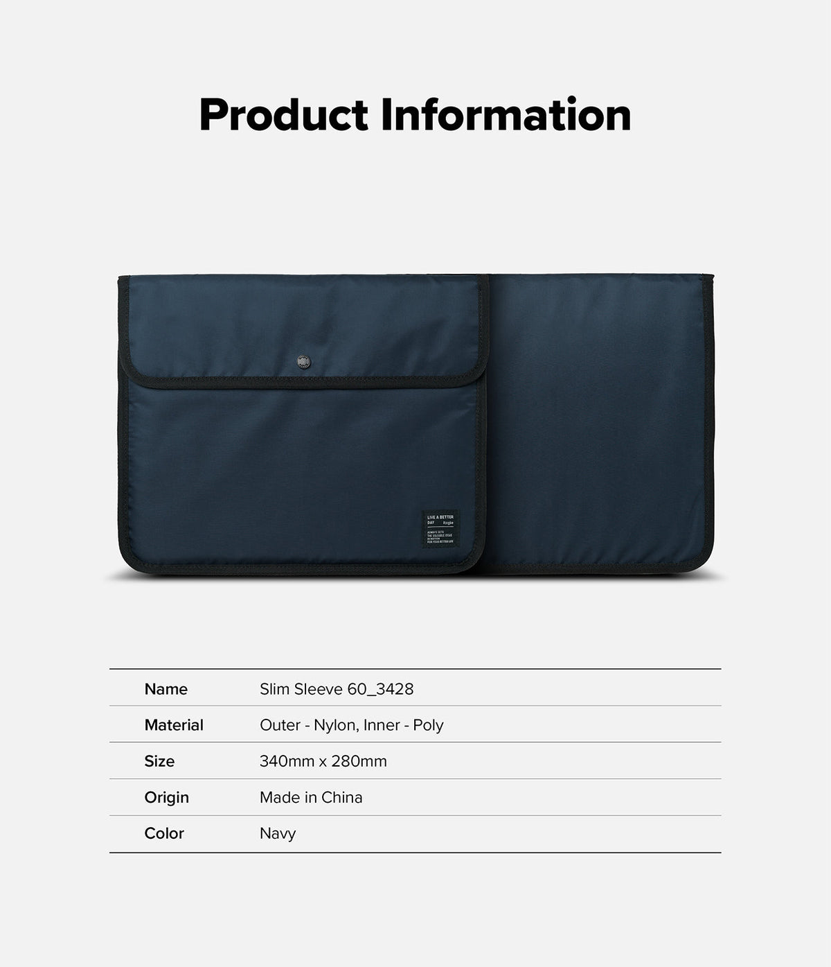 Pad Pouch | Slim Sleeve - Navy blue nylon slim sleeve with a snap button flap and product specifications table below.