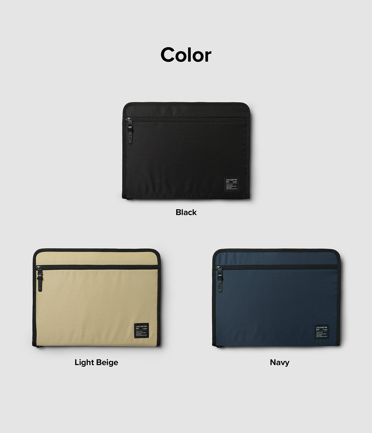 Pad Pouch | Smart Zip Pouch - Three rectangular zippered pouches in black, light beige, and navy, each with a small brand label.
