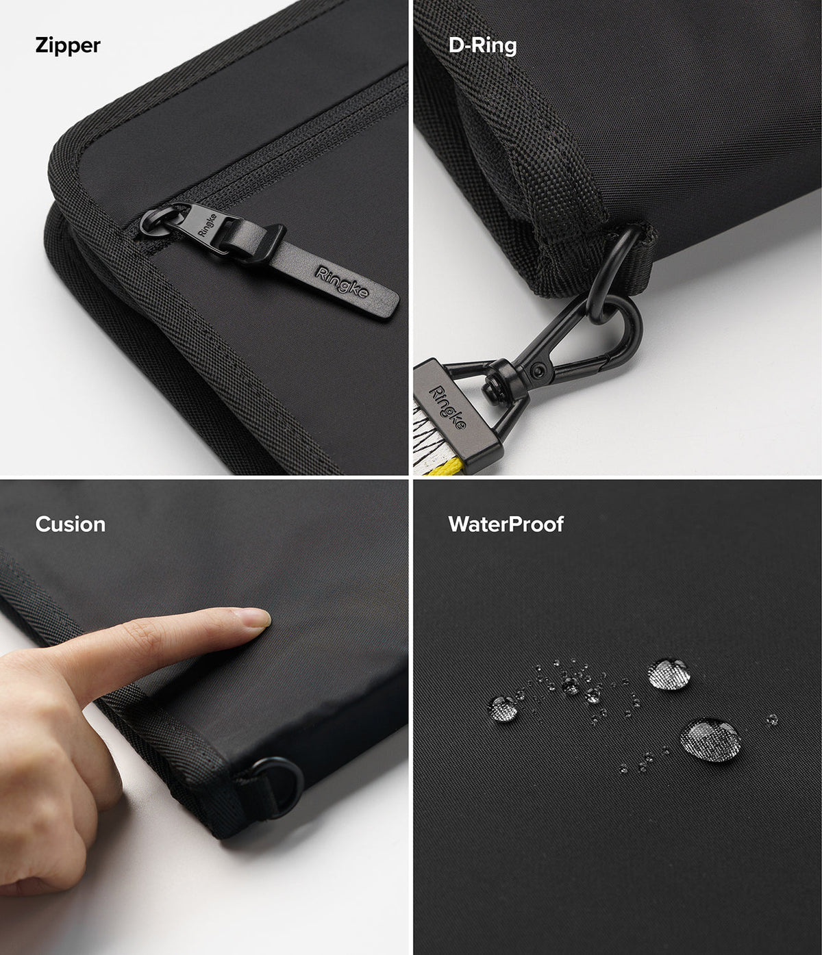 Pad Pouch | Smart Zip Pouch - Four-panel view showing zipper, D-ring, cushioned texture, and waterproof fabric with water beads.