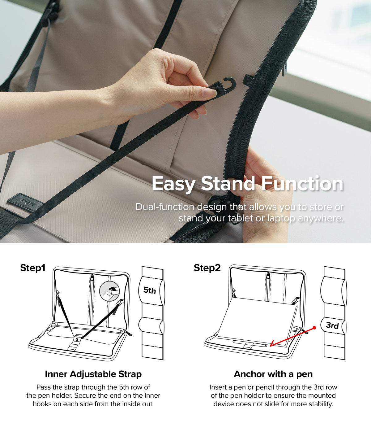 Pad Pouch | Smart Zip Pouch - Hands adjusting a strap to set up a tablet stand, with diagrams showing strap and pen anchor steps.
