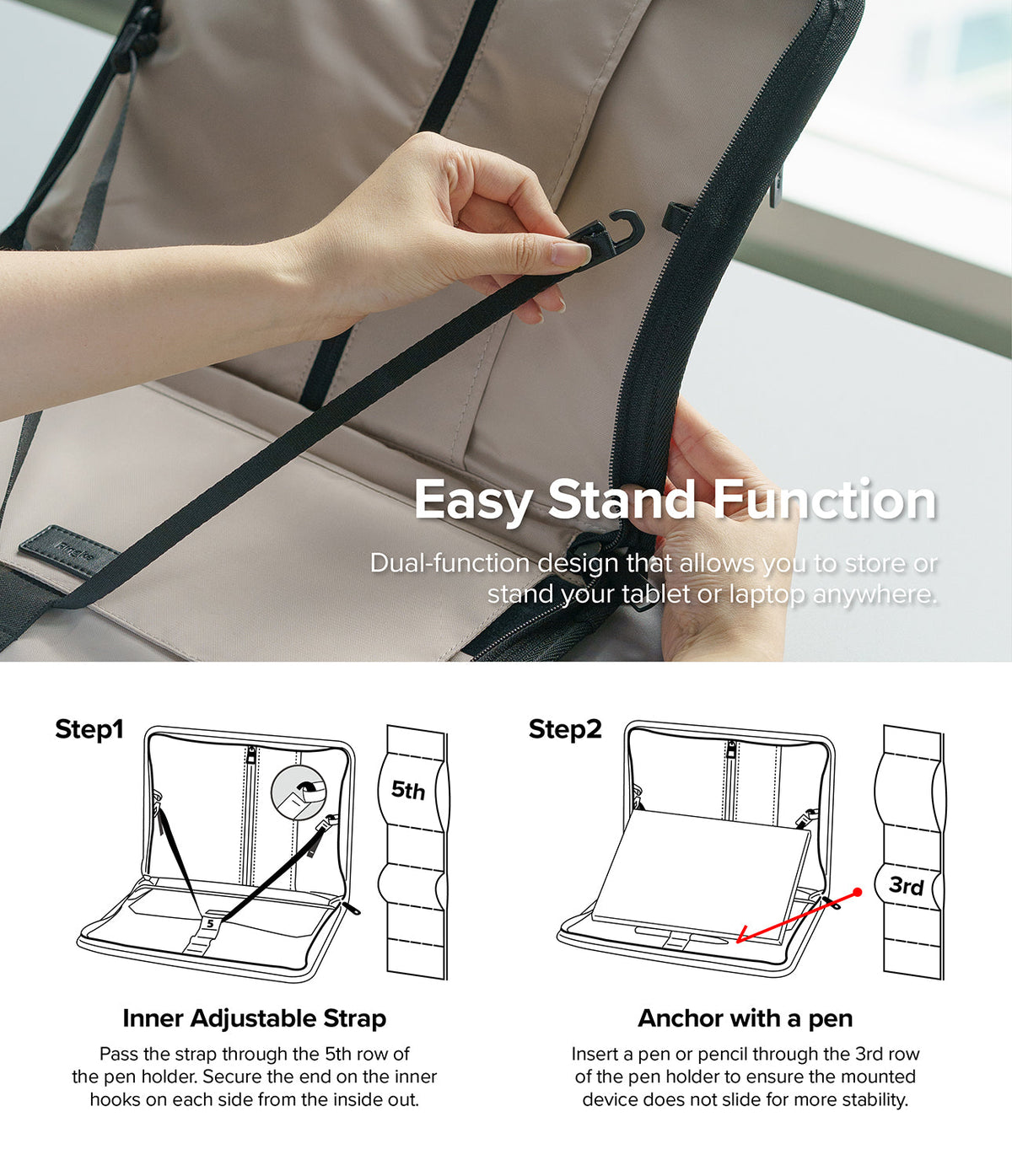 Pad Pouch | Smart Zip Pouch - Hands adjusting a strap to set up a tablet stand, with diagrams showing strap and pen anchor steps.