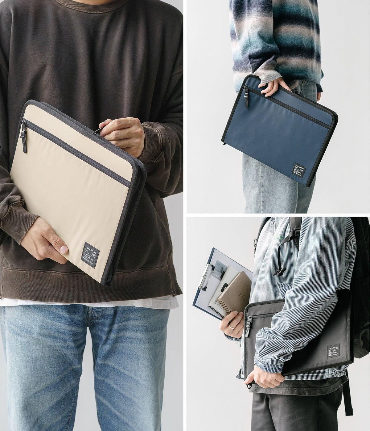 Pad Pouch | Smart Zip Pouch - Three views of people carrying beige, blue, and black zippered document pouches with labels.