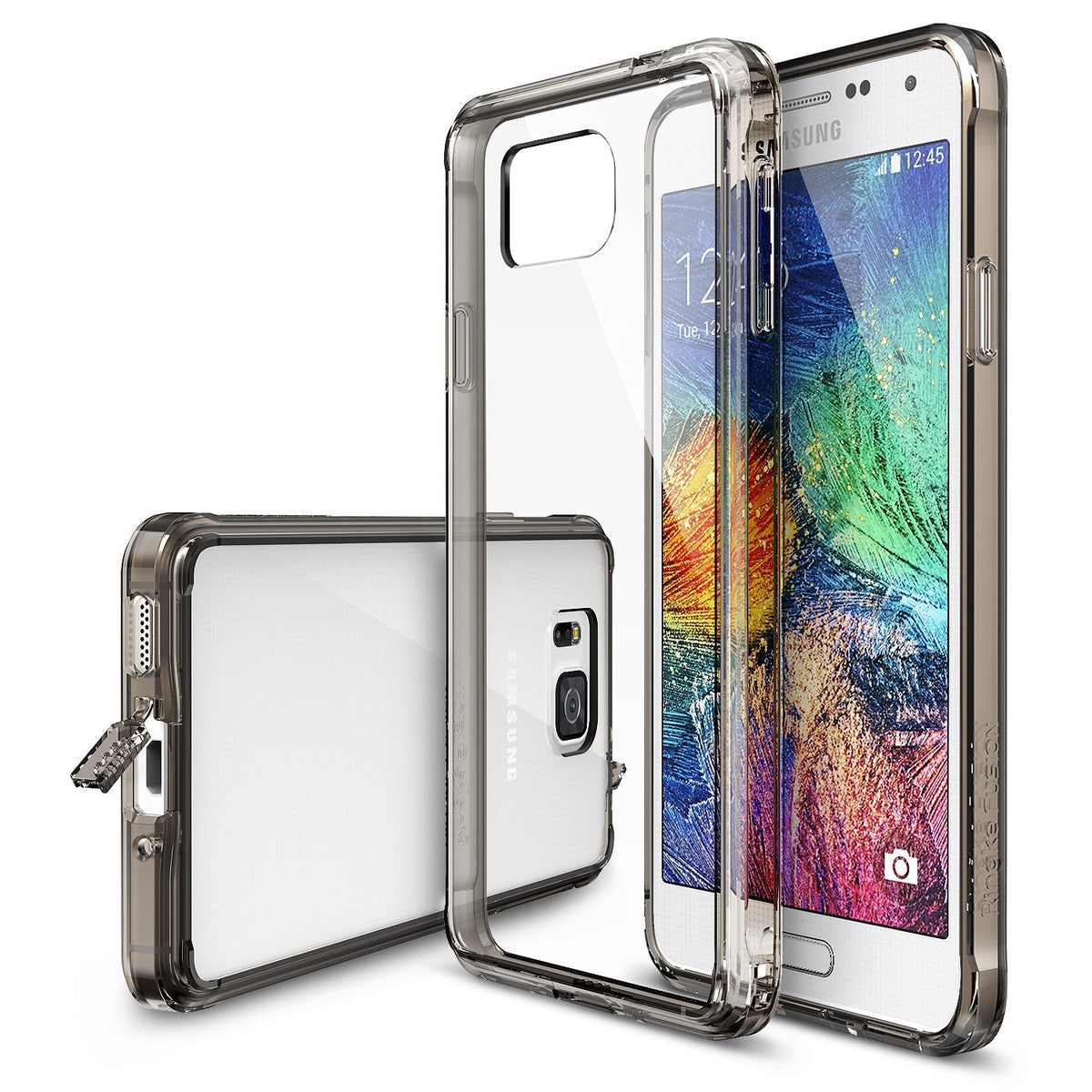 Galaxy Alpha Case | Fusion - Smoke black transparent protective phone case shown from multiple angles with a Samsung phone.