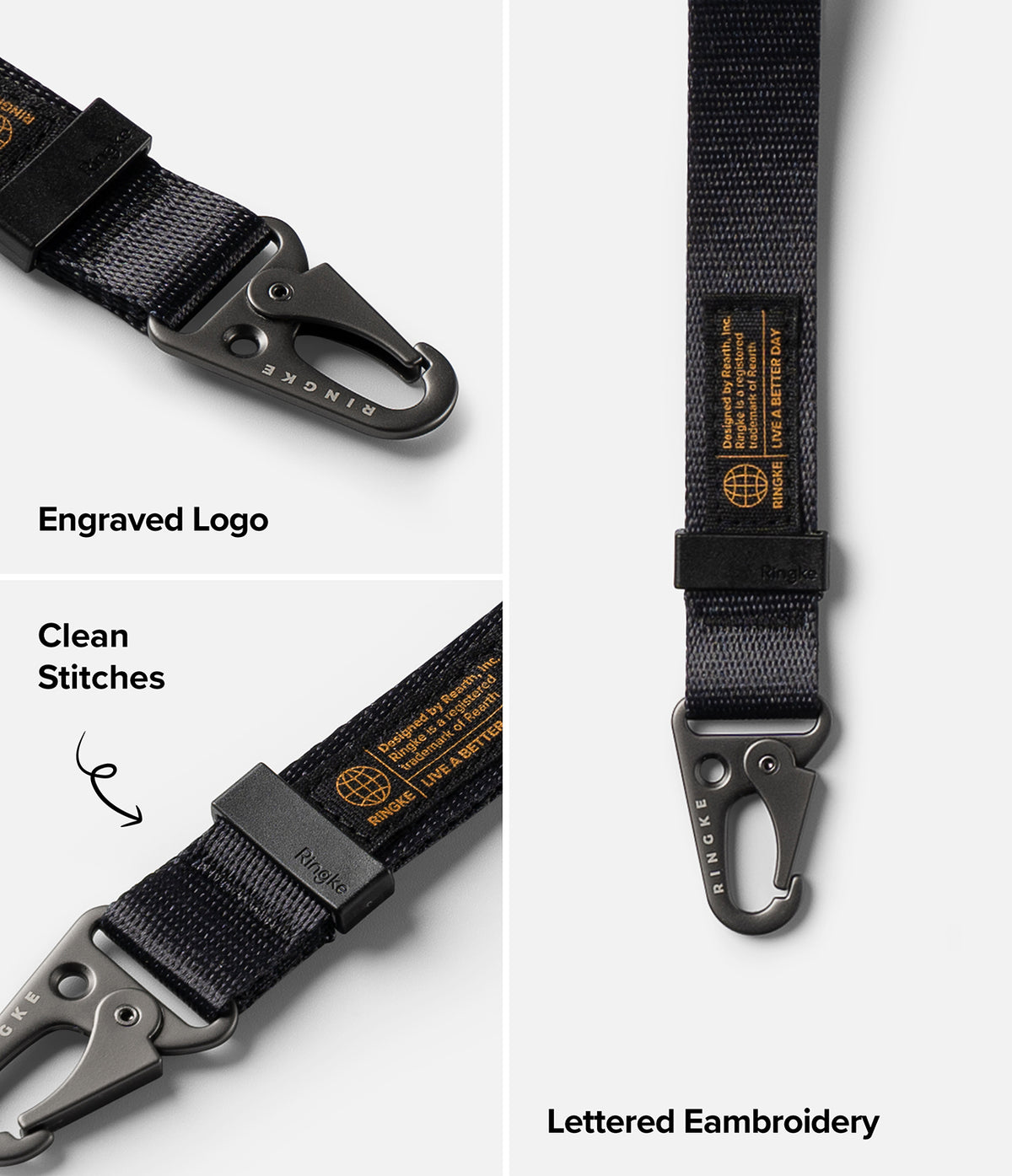 Holder Link Tactical Webbing Hand Strap - Black tactical strap with metal carabiner, engraved logo, and orange embroidery.