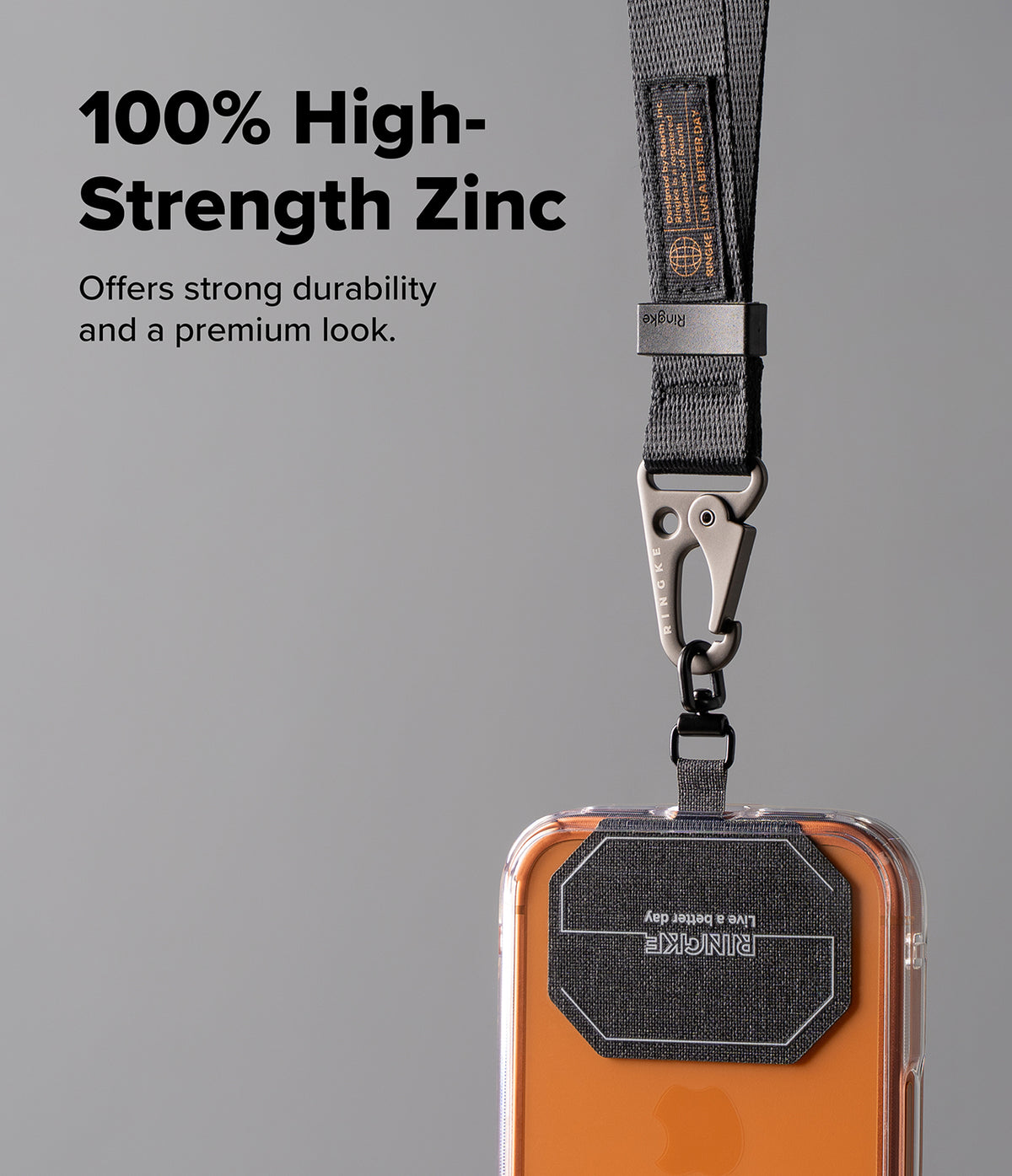 Holder Link Tactical Webbing Hand Strap - Black tactical webbing strap with a zinc alloy carabiner attached to a phone.