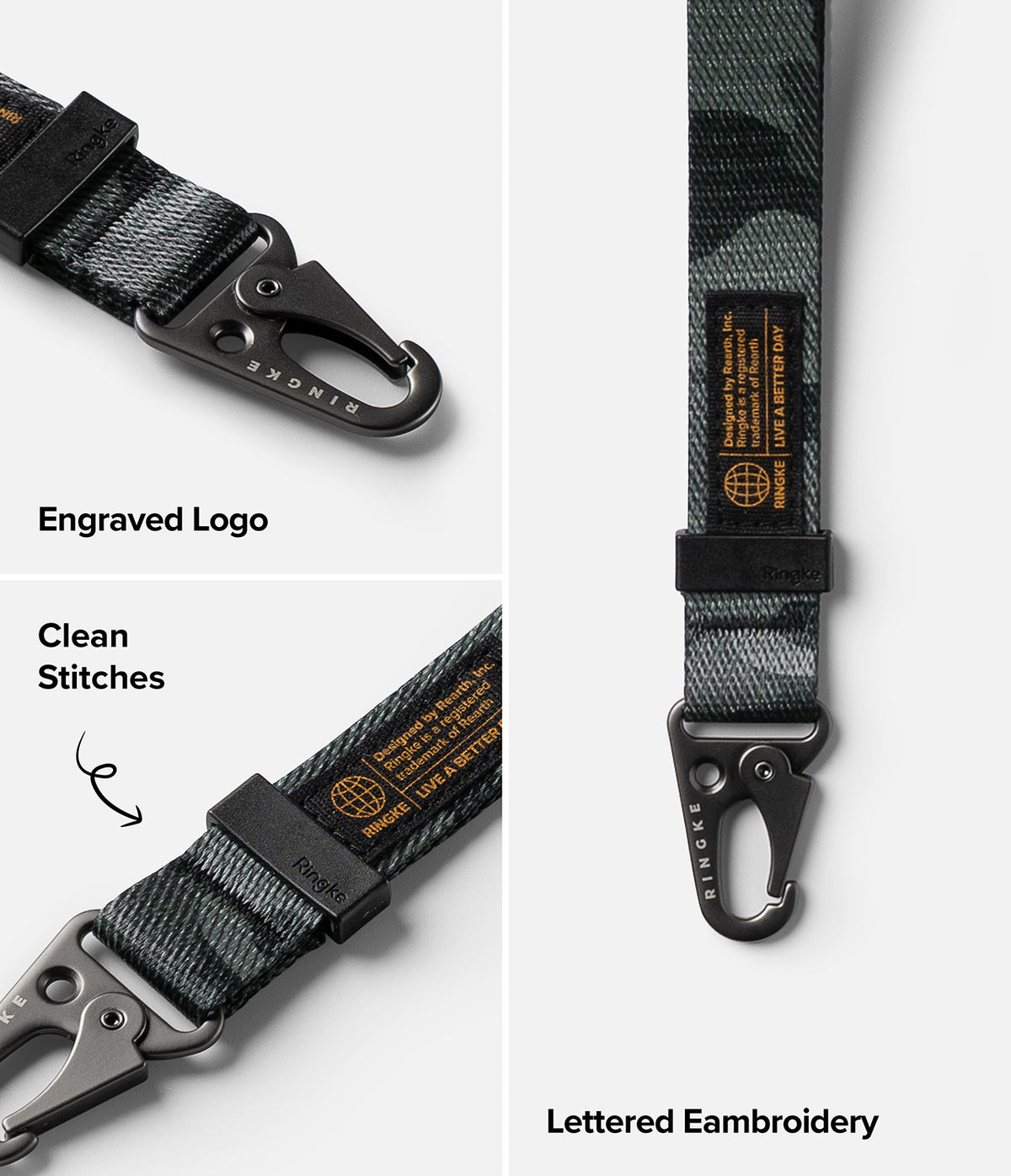 Holder Link Tactical Webbing Hand Strap - Camo tactical strap with black metal carabiner, engraved logo, and embroidery.