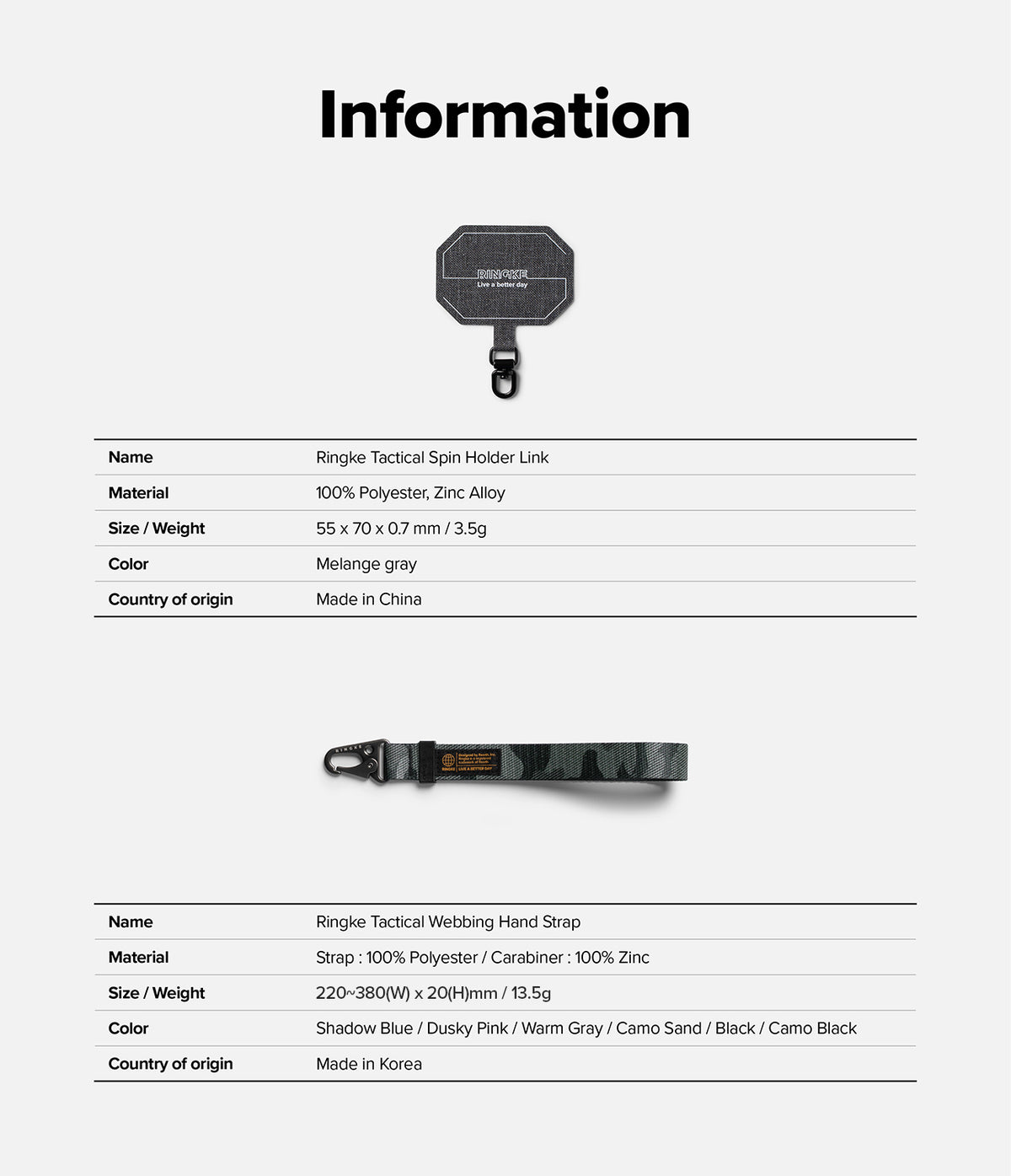 Holder Link Tactical Webbing Hand Strap - Product information table for Ringke tactical accessories with specifications.