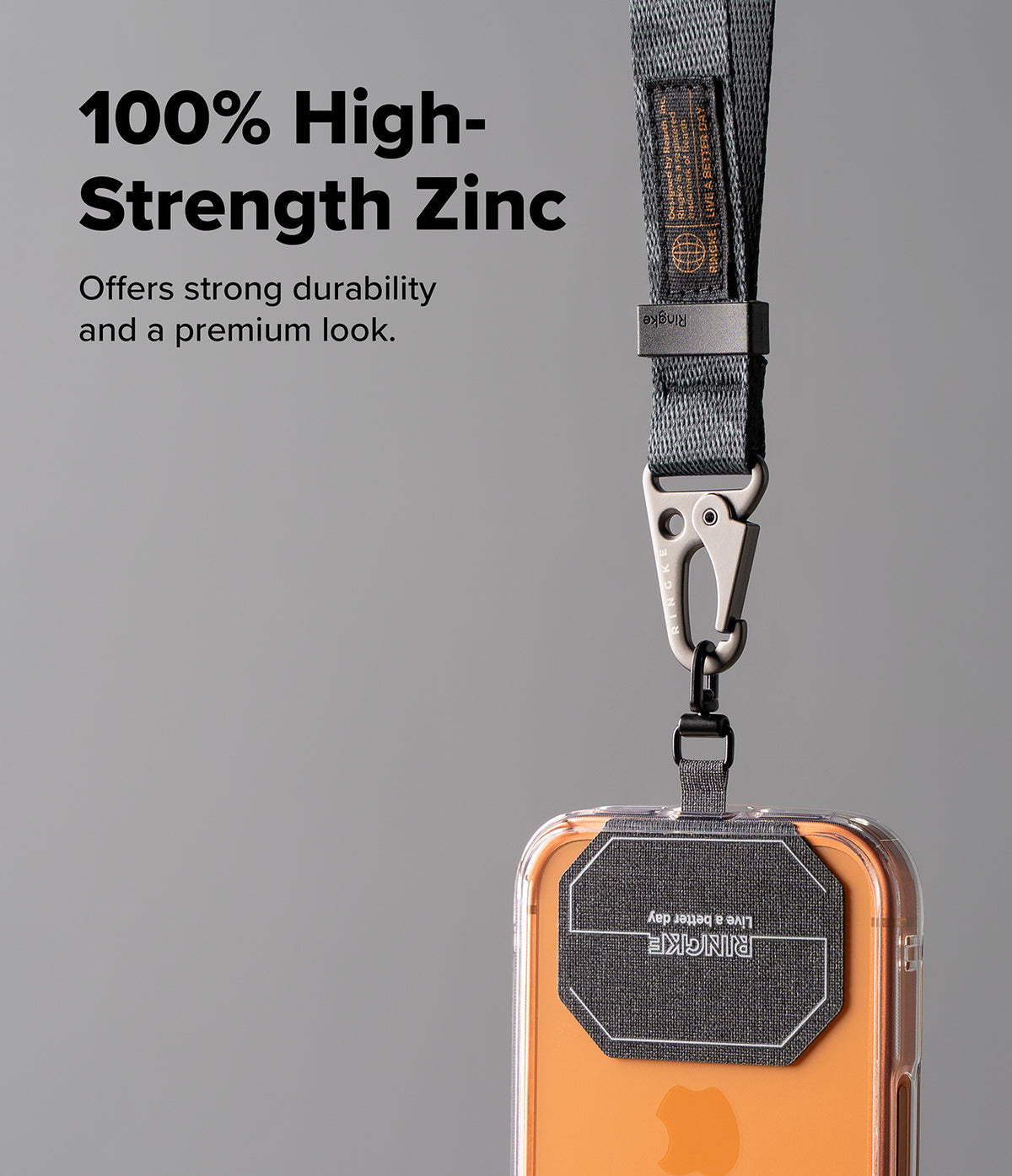 Holder Link Tactical Webbing Hand Strap - Zinc alloy carabiner connecting a gray tactical strap to a phone case patch.