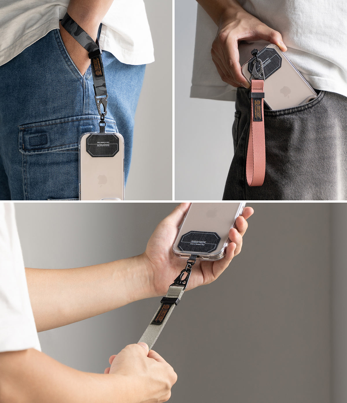 Holder Link Tactical Webbing Hand Strap - Three views of a phone strap with a metal carabiner attached to a phone case.