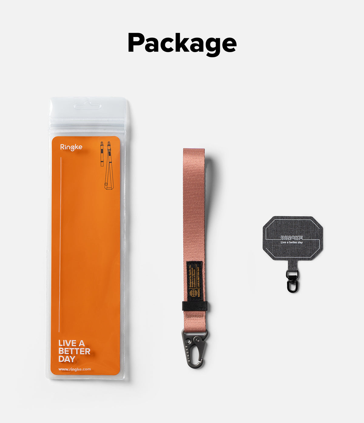 Holder Link Tactical Webbing Hand Strap - Packaging, pink webbing wrist strap with metal clip, and a gray phone tether tab.