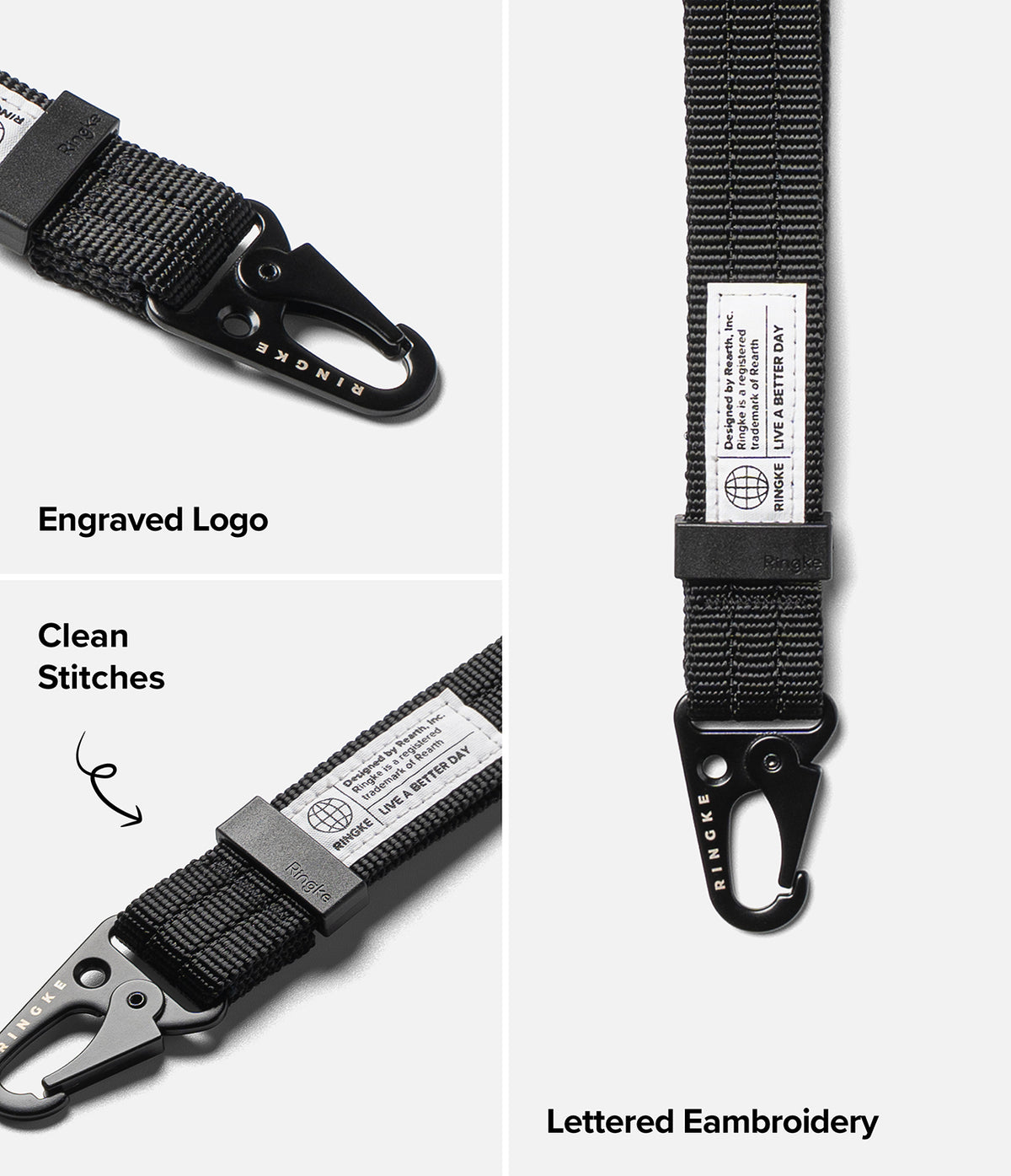Holder Link Tactical Webbing Hand Strap - Black webbed strap with a black metal carabiner, shown in a three-panel layout highlighting engraved logo, clean stitches, and lettered embroidery on a light gray background.