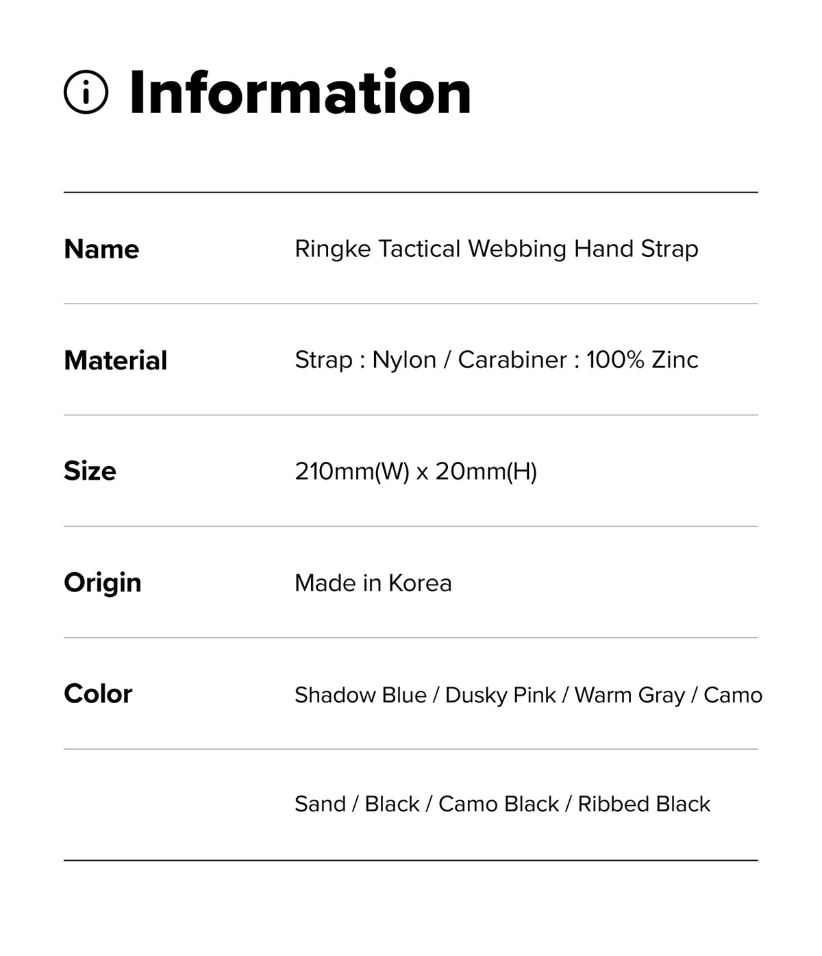 Holder Link Tactical Webbing Hand Strap - An information sheet detailing the specifications of the Ringke Tactical Webbing Hand Strap, including name, material, size, origin, and available colors, presented on a clean white background.