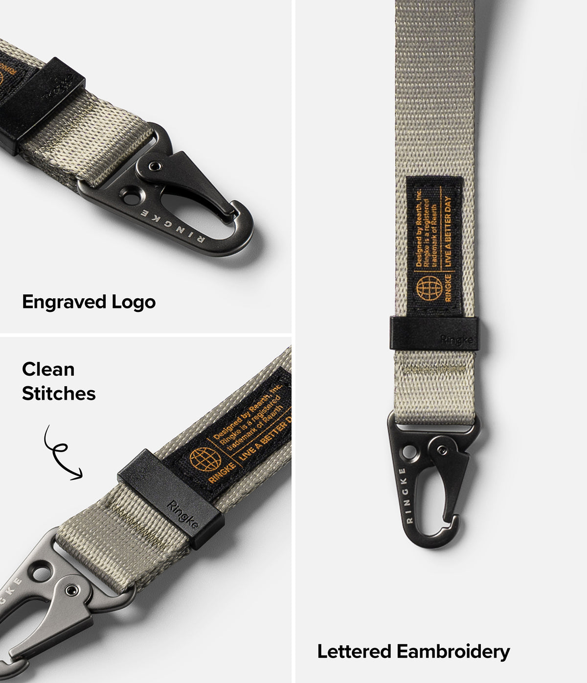 Holder Link Tactical Webbing Hand Strap - Beige tactical strap featuring a black carabiner, embroidered label, and stitching.