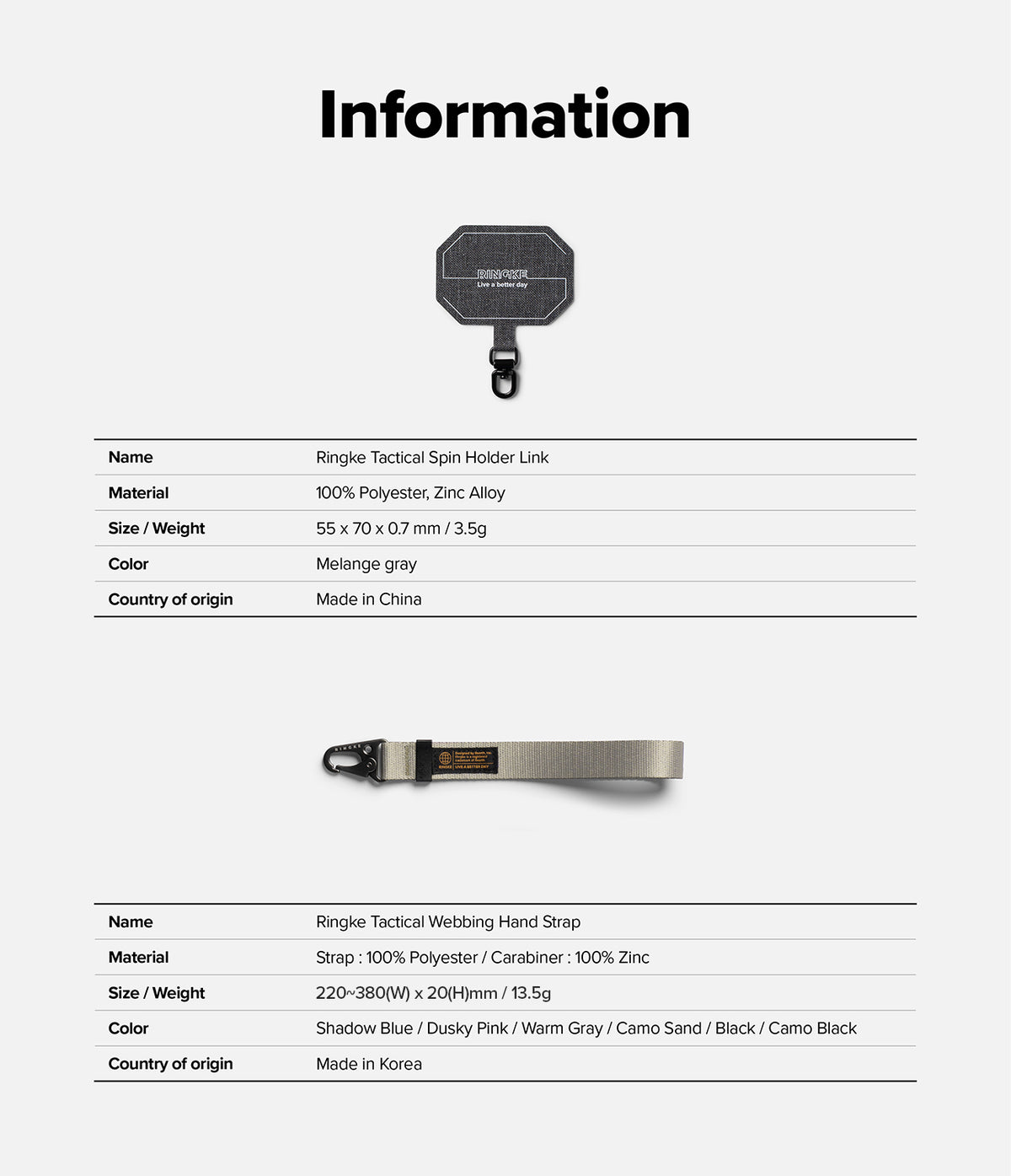 Holder Link Tactical Webbing Hand Strap - Product information sheet showing a gray phone holder link and a webbing hand strap.