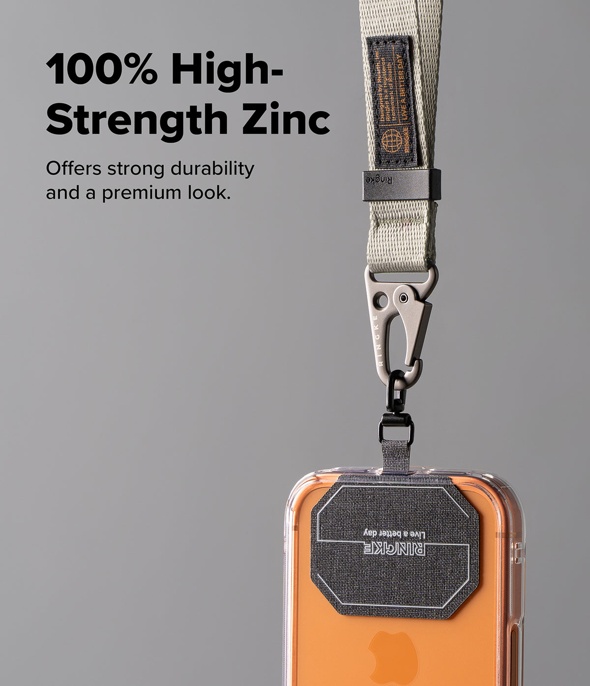 Holder Link Tactical Webbing Hand Strap - Beige webbing strap with a zinc alloy carabiner attached to a phone case.