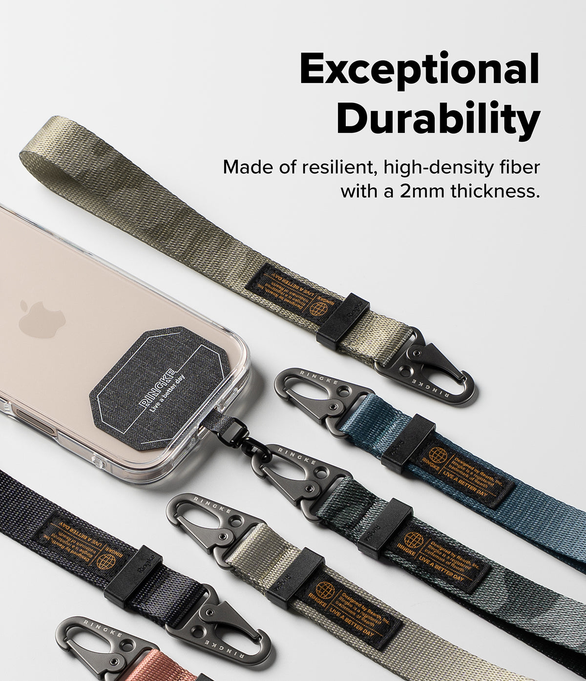 Holder Link Tactical Webbing Hand Strap - Five colorful tactical webbing wrist straps with metal clips attached to a phone.