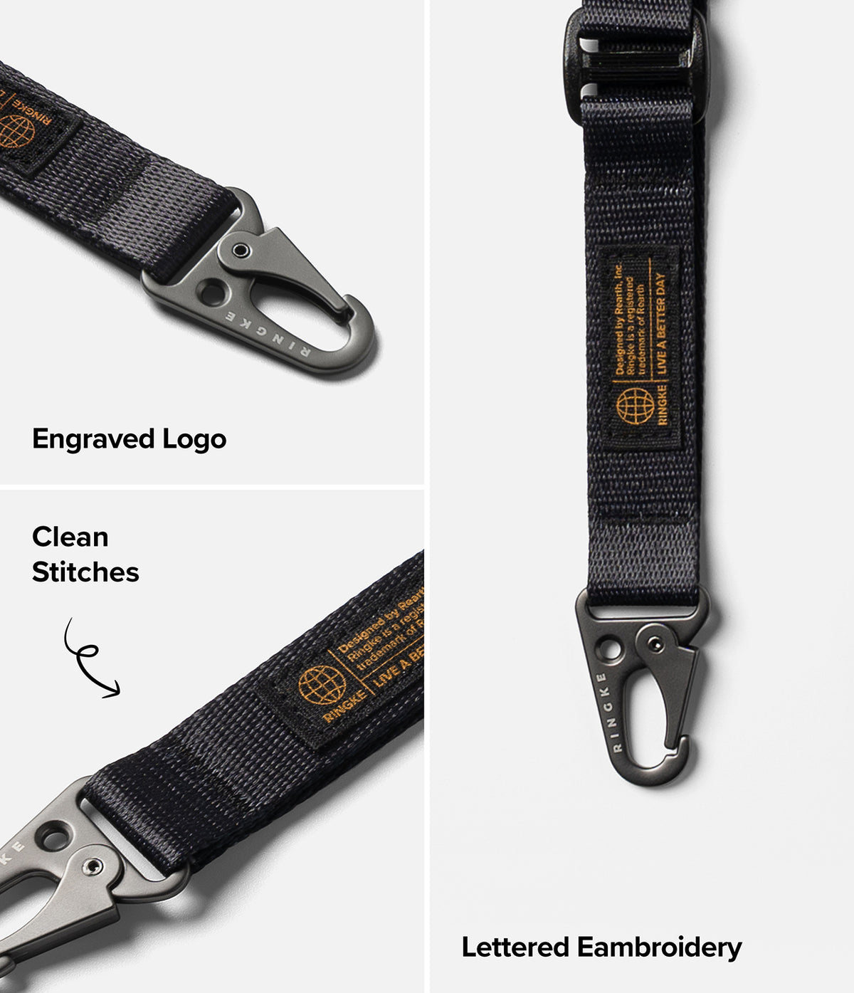 Holder Link Tactical Webbing Lanyard Strap - Black tactical strap with metal carabiner, engraved logo, and orange embroidery.