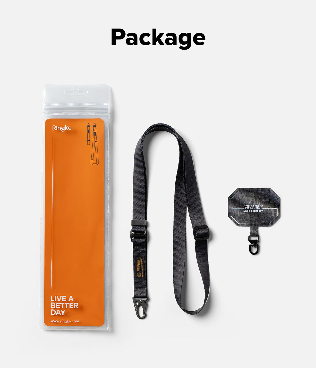 Holder Link Tactical Webbing Lanyard Strap - Black tactical lanyard, strap, and phone tether in orange retail packaging.