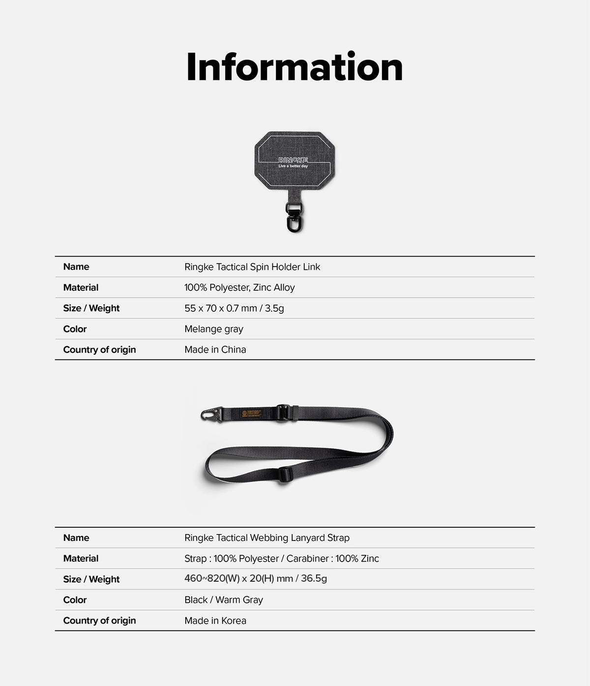Holder Link Tactical Webbing Lanyard Strap - Product information sheet for a gray holder link and a black lanyard strap.