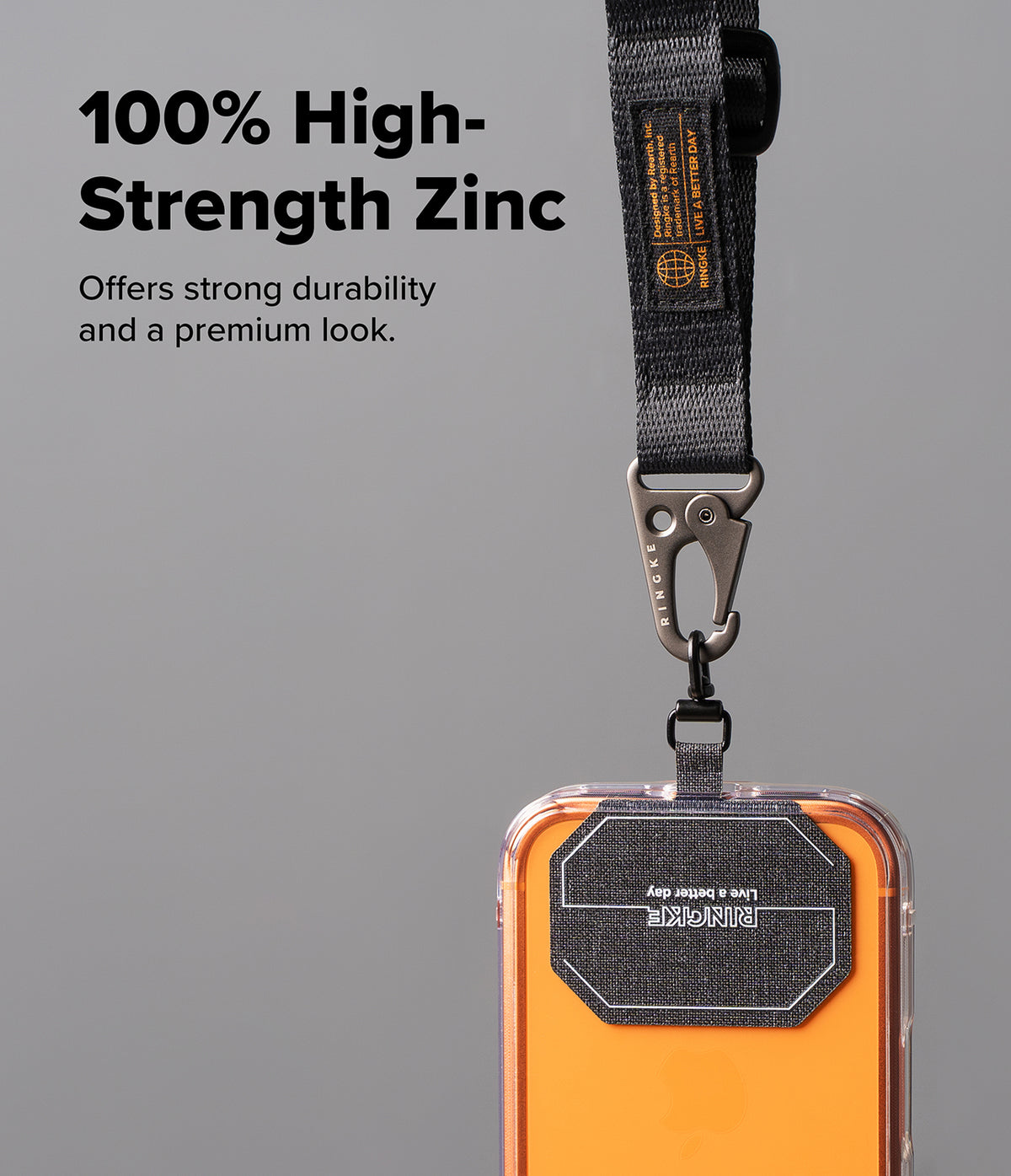 Holder Link Tactical Webbing Lanyard Strap - Black webbing strap with a zinc alloy carabiner attached to a phone case.