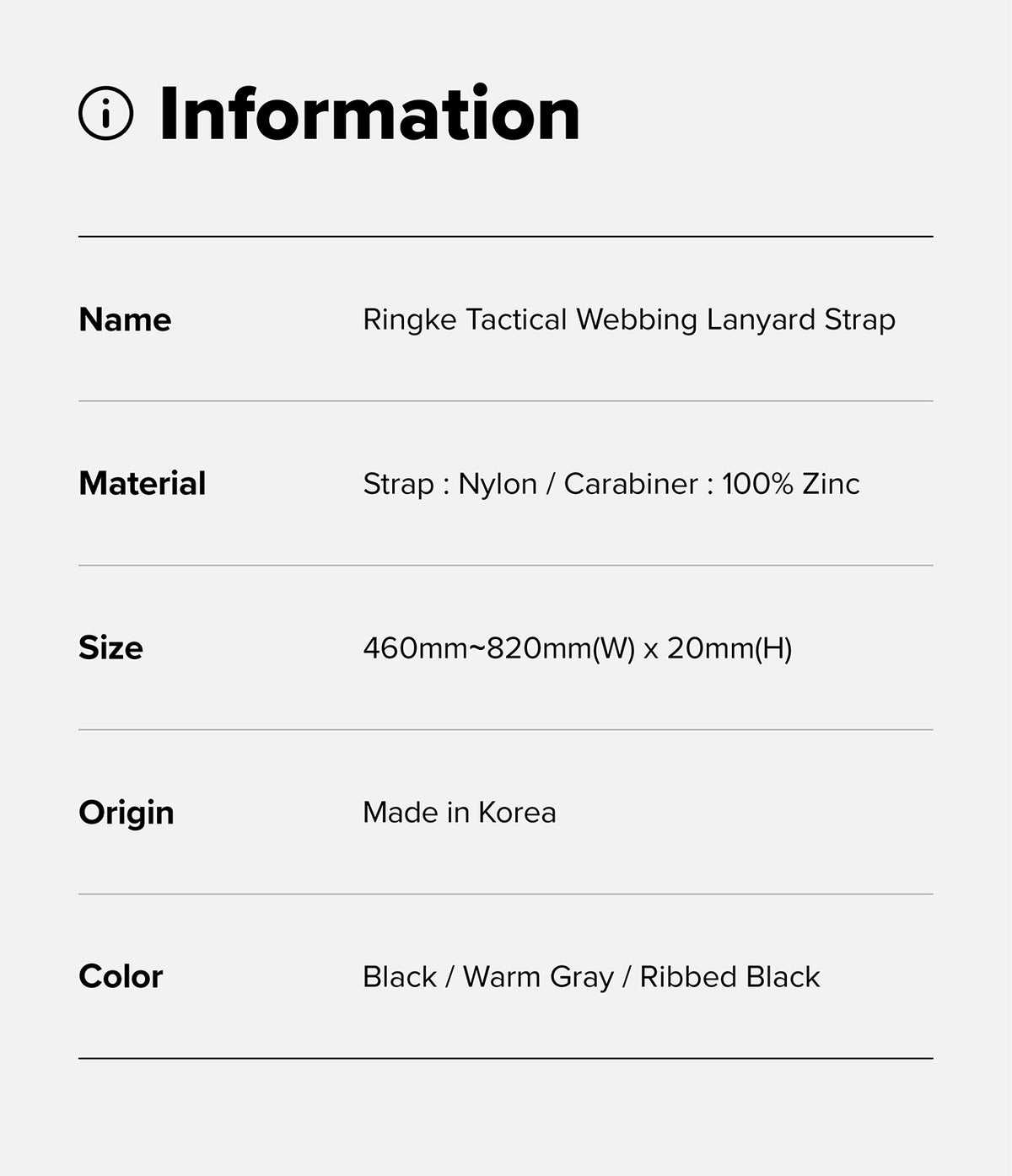Holder Link Tactical Webbing Lanyard Strap - A light gray information card with black text listing product details for a Ringke Tactical Webbing Lanyard Strap, including material, size, origin, and color.
