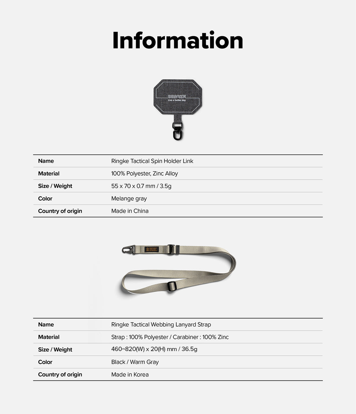 Holder Link Tactical Webbing Lanyard Strap - Product info sheet showing a gray phone holder link and a beige lanyard.