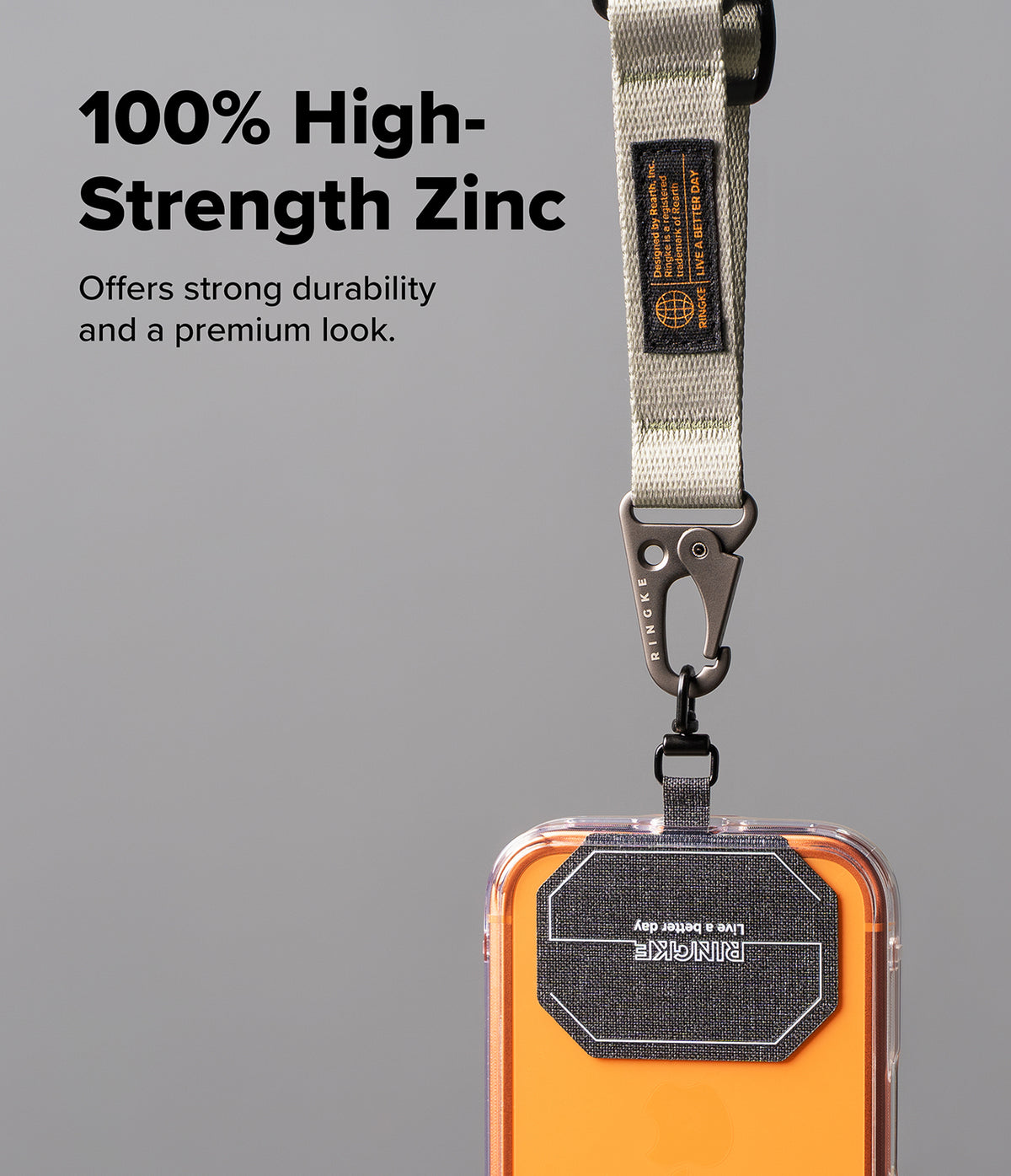 Holder Link Tactical Webbing Lanyard Strap - Beige webbing strap with zinc alloy carabiner attached to a phone case.