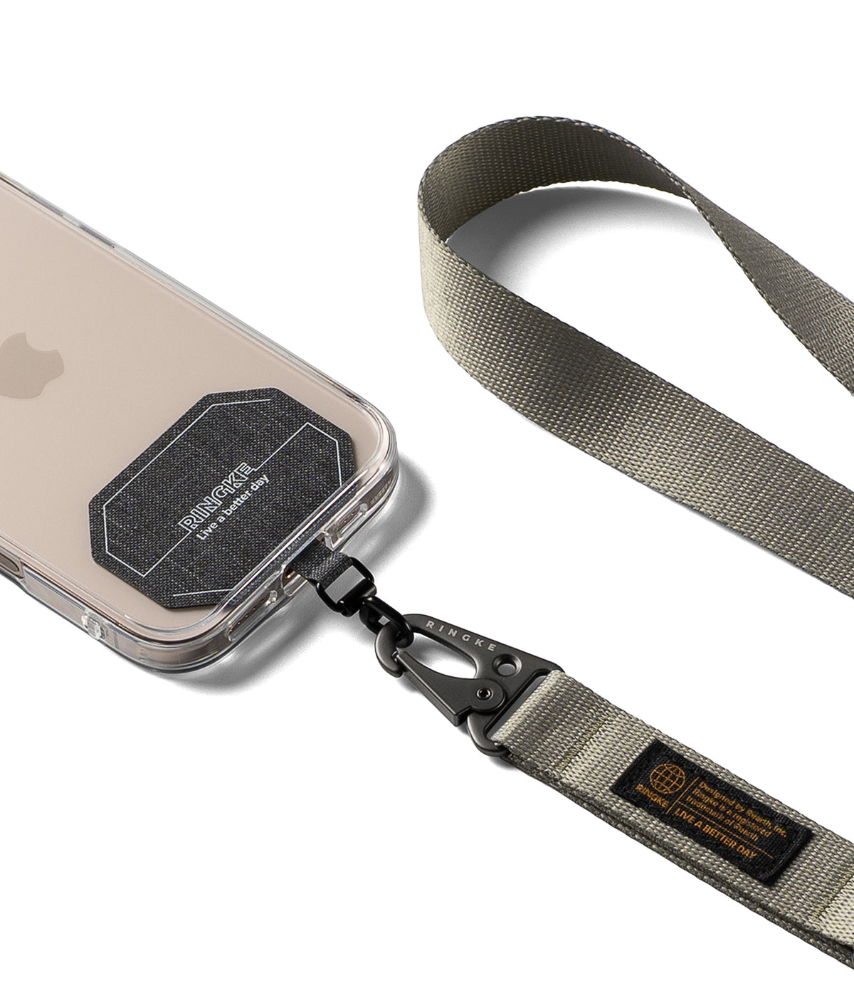 Holder Link Tactical Webbing Lanyard Strap - Beige tactical lanyard with black hardware, adjustable buckle, and phone tab.