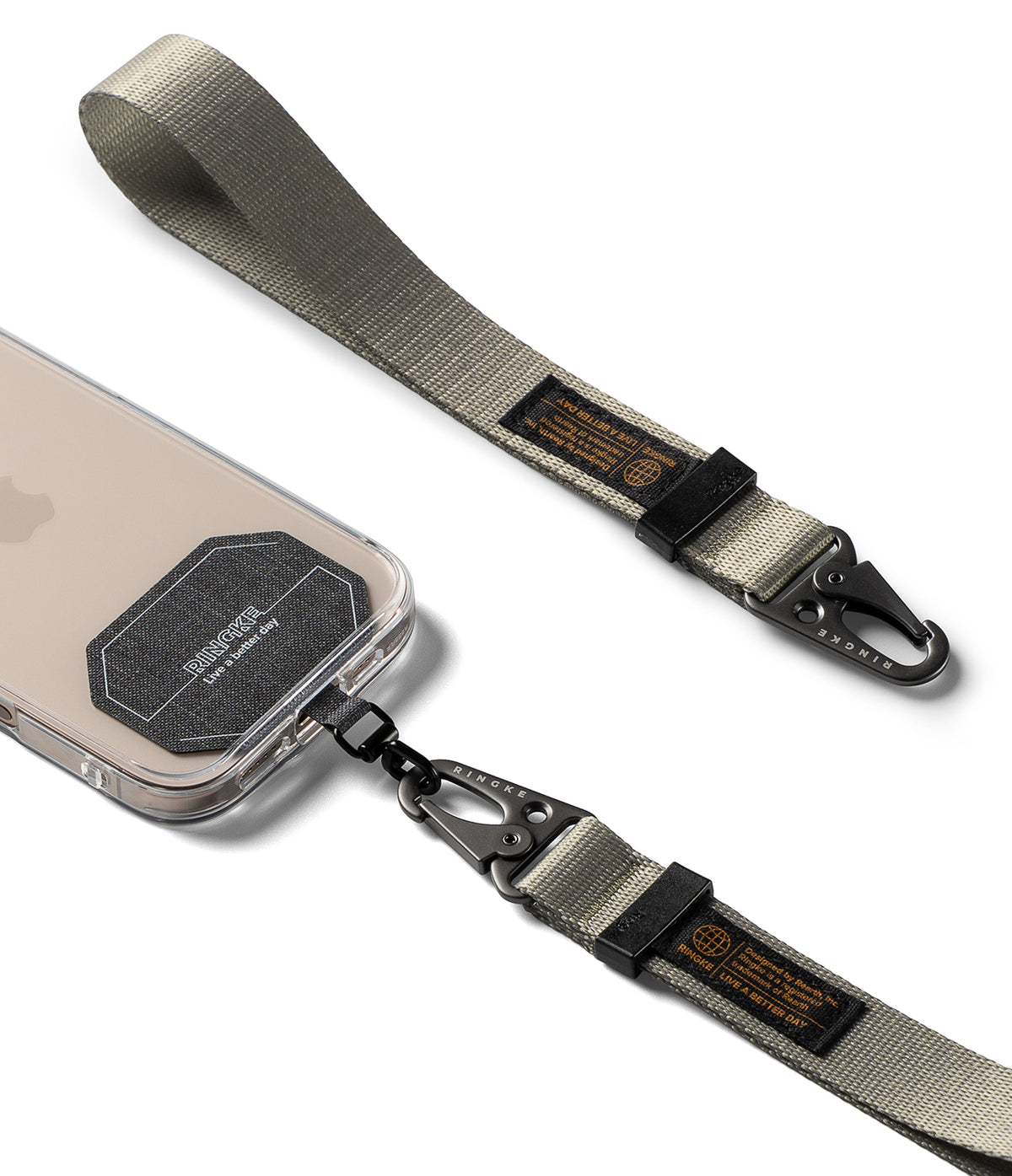 Holder Link Tactical Webbing Hand Strap - Gray tactical webbing strap with black metal carabiner attached to a phone.