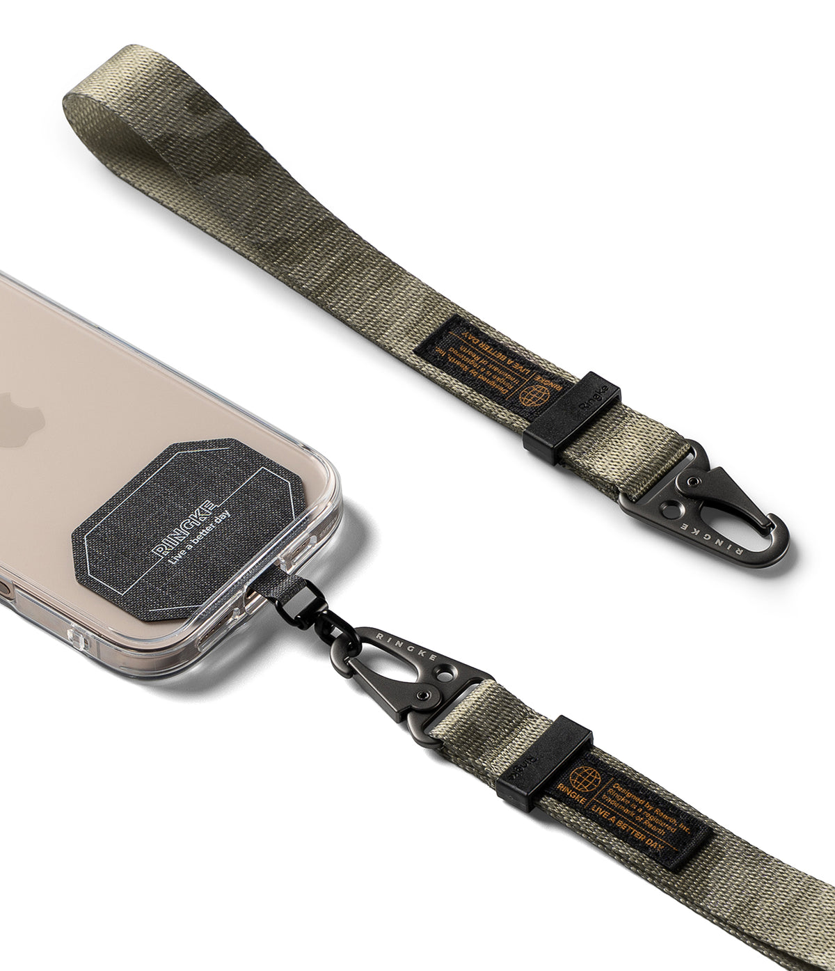 Holder Link Tactical Webbing Hand Strap - Olive green tactical webbing strap with black carabiner clips attached to a phone.