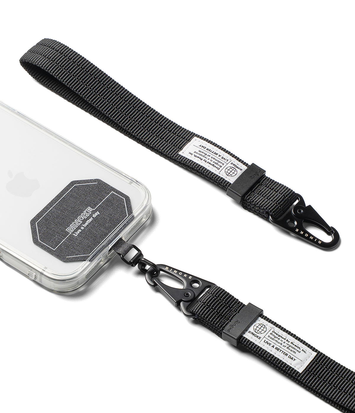 Holder Link Tactical Webbing Hand Strap - A black nylon phone strap with a metal swivel clasp and adjustable slider, shown attached to a clear phone case on a white background.