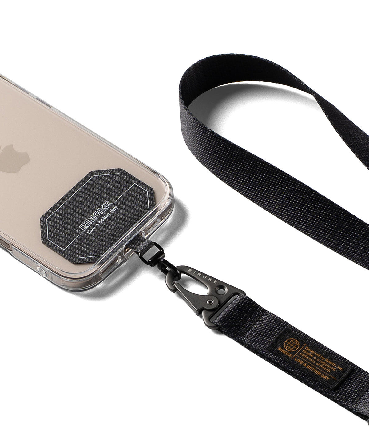 Holder Link Tactical Webbing Lanyard Strap - Black adjustable tactical lanyard with a metal clasp and a branded phone tab.