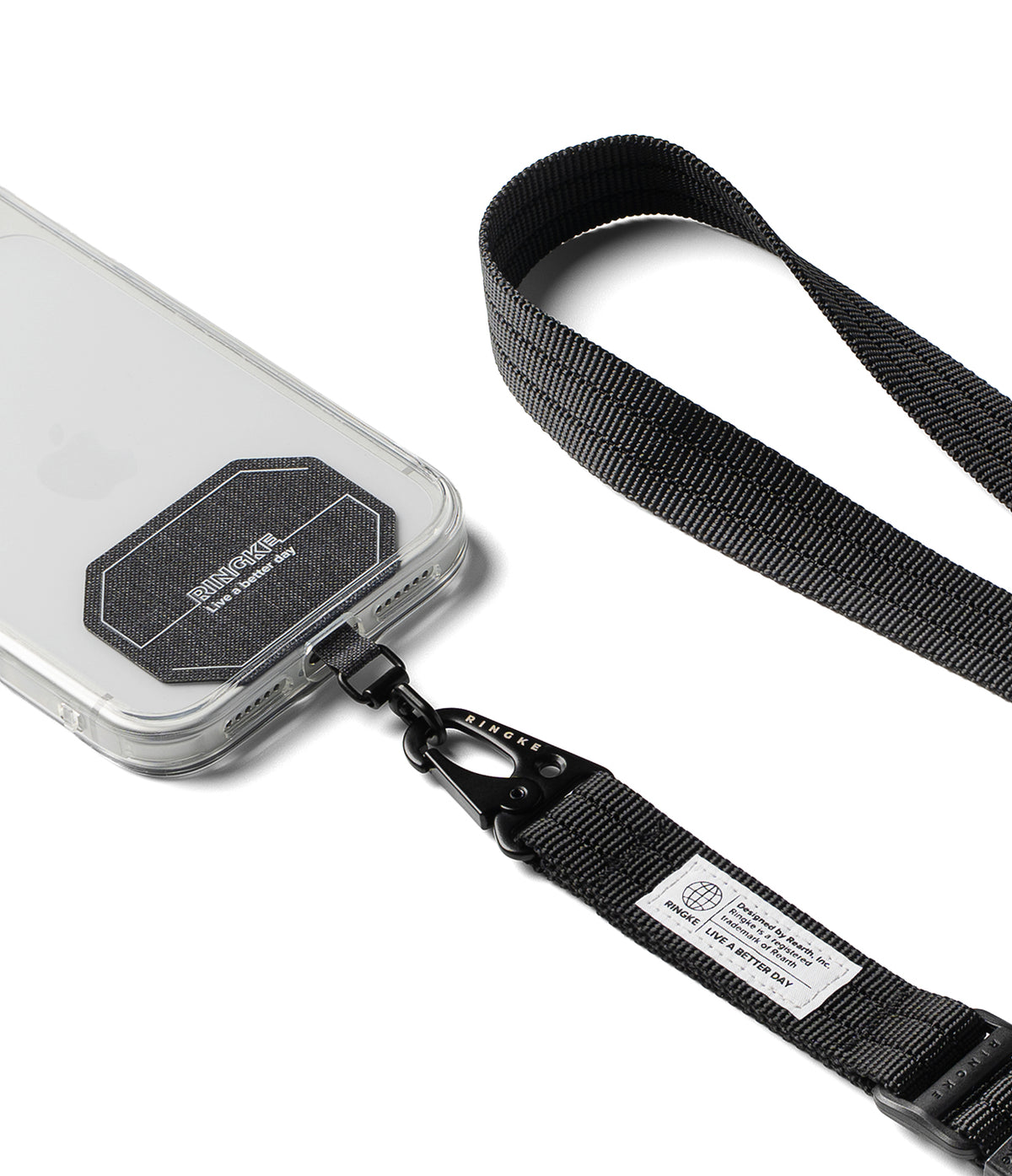 Holder Link Tactical Webbing Lanyard Strap - A black nylon phone lanyard strap with a metal carabiner clip attached to a clear smartphone case, shown on a clean white background.