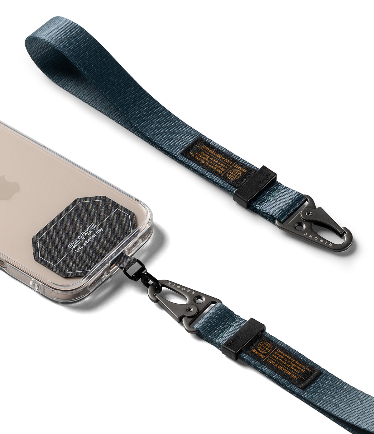 Holder Link Tactical Webbing Hand Strap - Blue tactical webbing strap with black metal carabiner attached to a phone.
