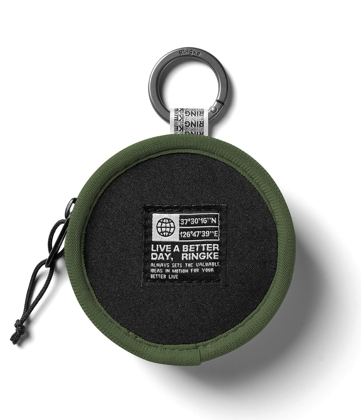 Mini Pouch | Tambourine Bag - Round olive green pouch with a black center patch featuring coordinates and Ringke branding.